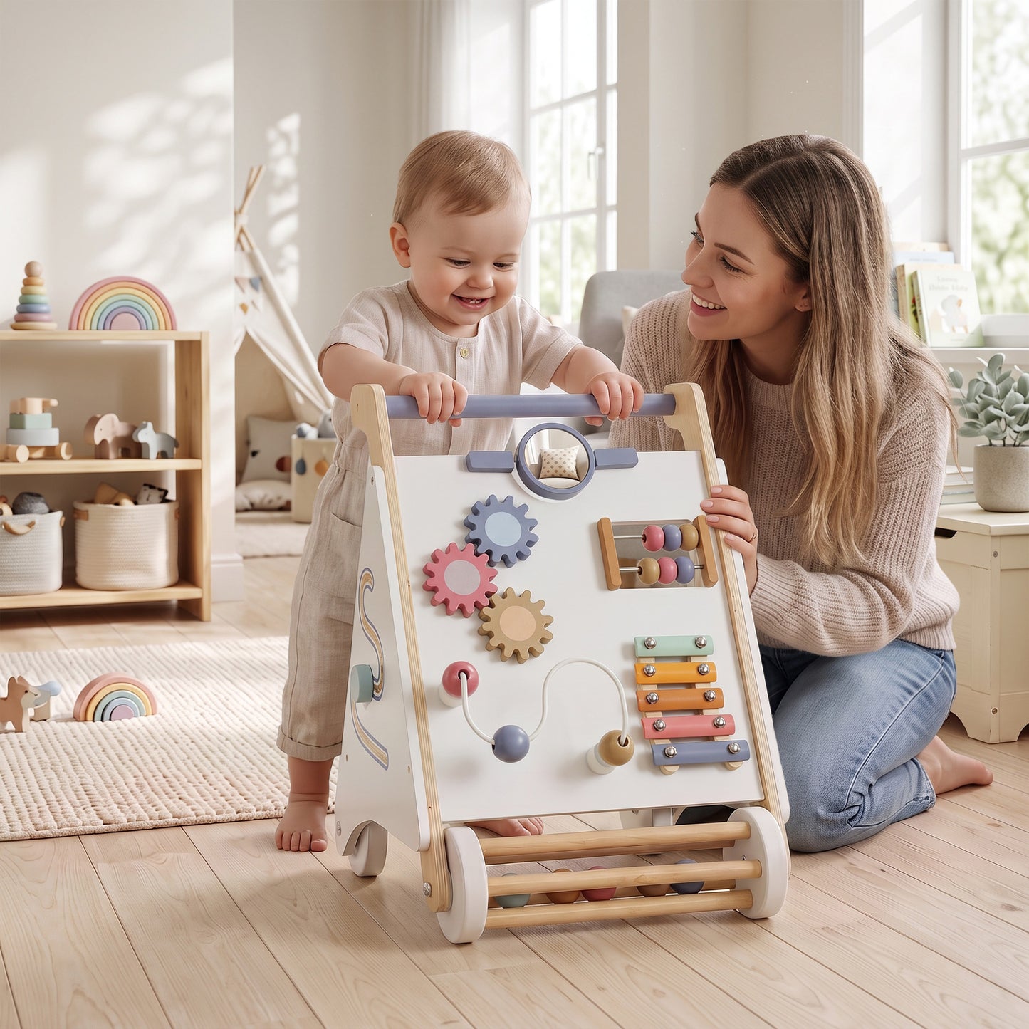 AIYAPLAY Wooden Baby Walker, Montessori Push Along Toy with 5 Blocks and Xylophone Mallet, Adjustable Speed for Toddlers 1.5-3Y