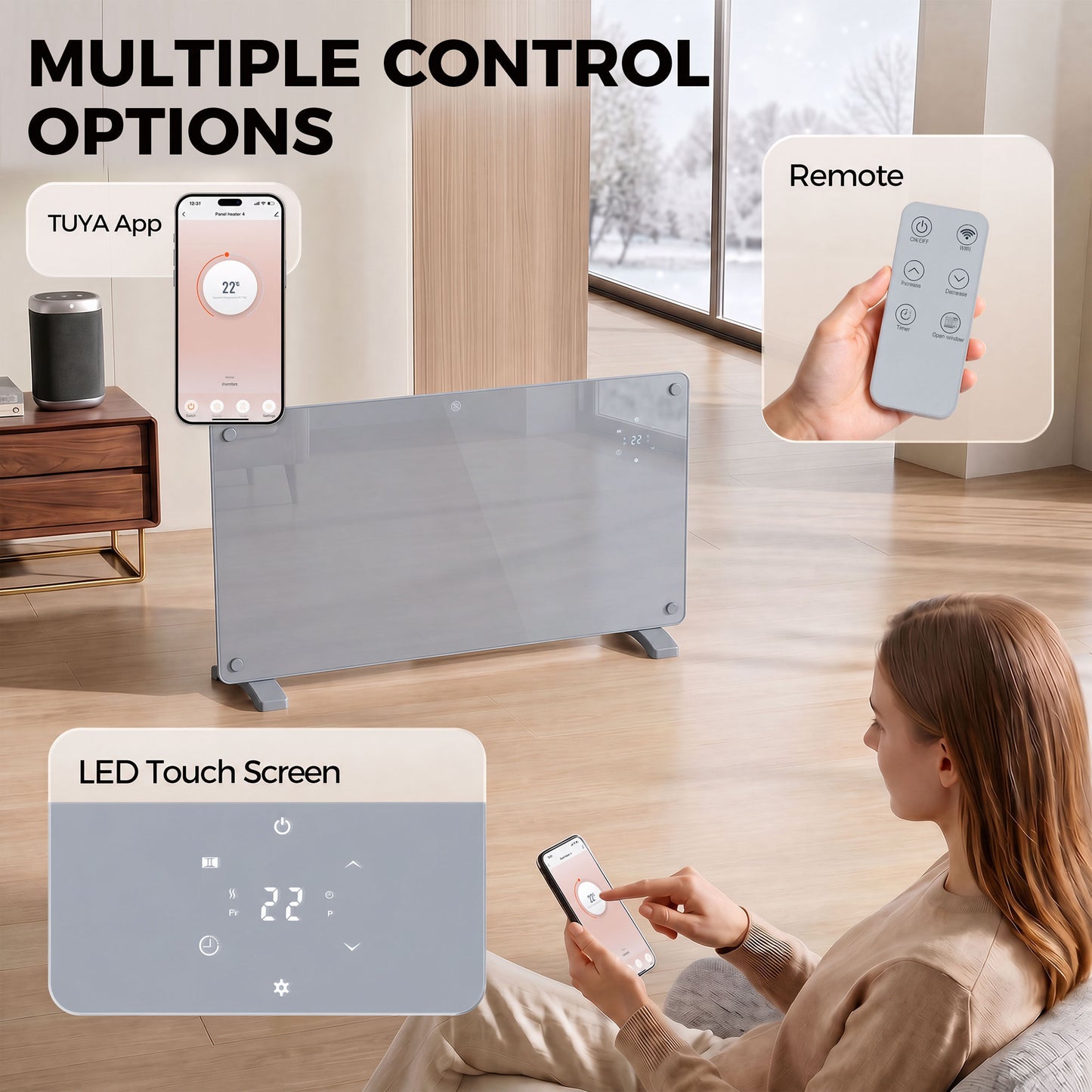 HOMCOM 2000W Smart Panel Heater Wall Mounted & Freestanding, Electric Heater with Weekly Timer, Open Window & Anti-Frost, Grey