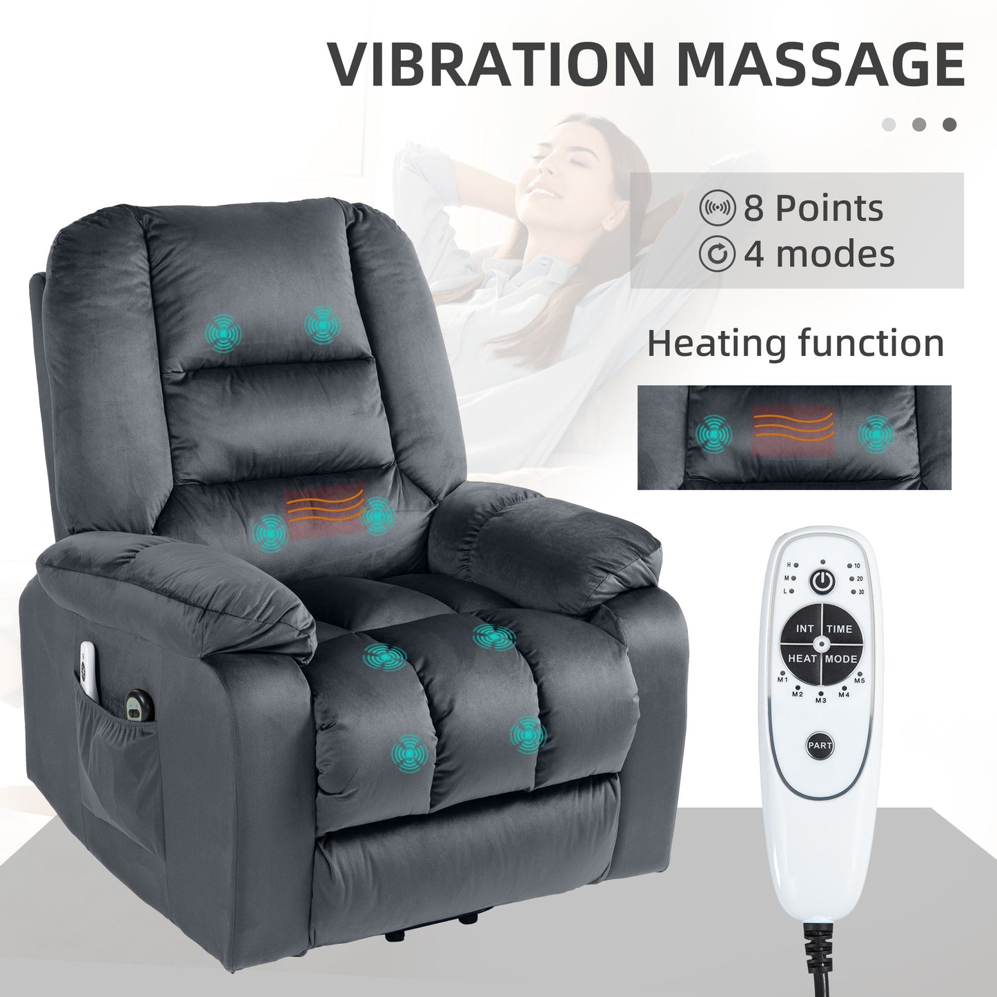 HOMCOM Lift Chair Quick Assembly Electric Riser and Recliner Chair with Vibration Massage Heat Side Pockets Grey