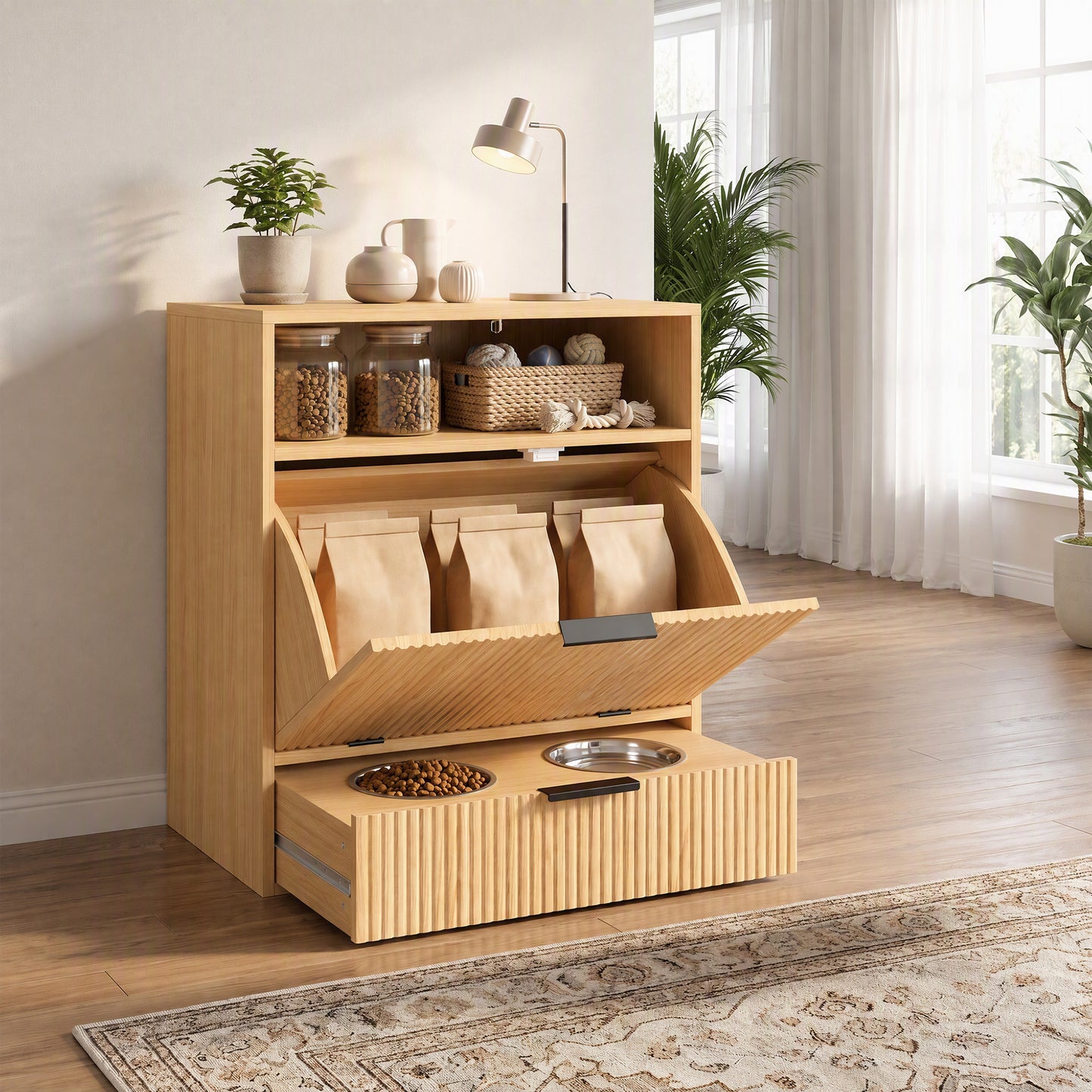 PawHut Pet Feeder Station with Storage, Dog Food Storage Container w/ 2 Raised Bowls, Tilt Out Cabinet, Slow Feeder Mat