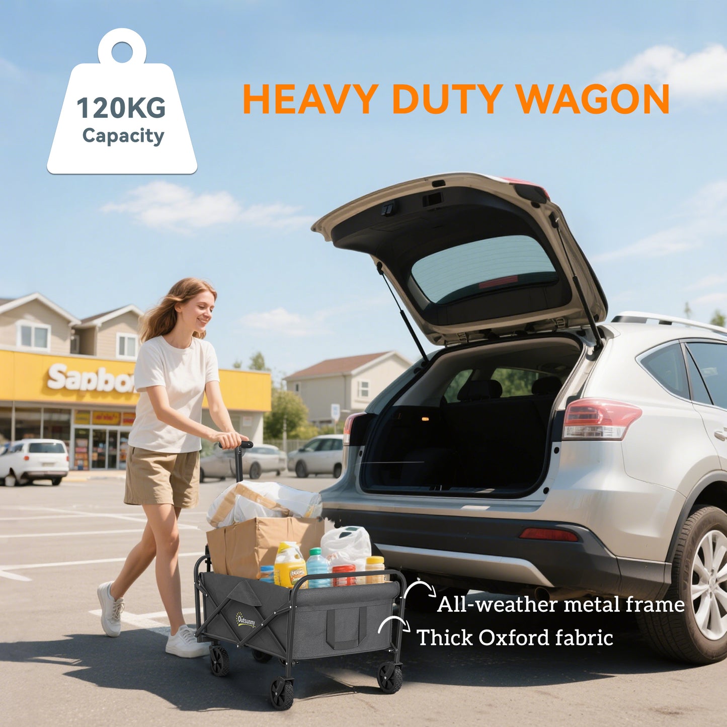 Outsunny Festival Trolley, 62L Heavy Duty Folding Wagon, 120kg Capacity with Adjustable Handle and Carry Bag for Beach/Camping, Grey