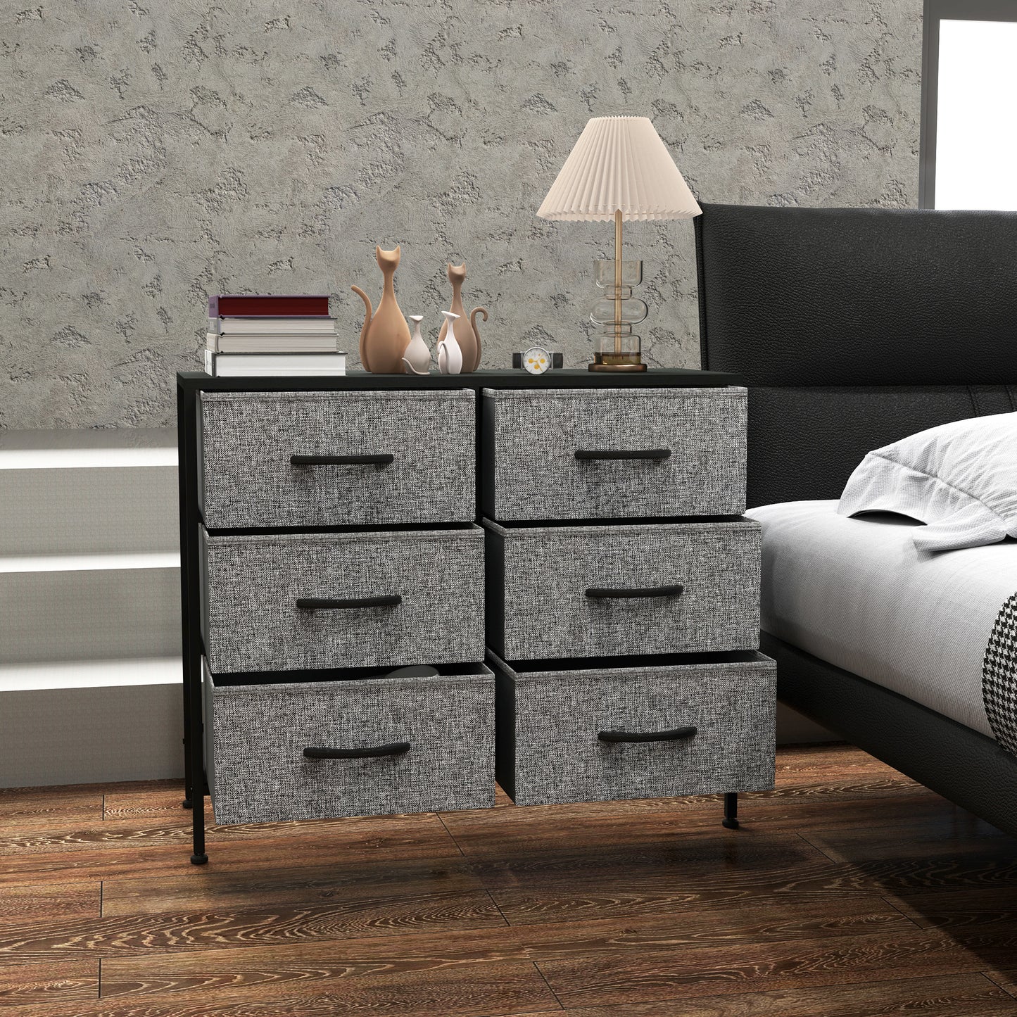 HOMCOM Industrial Dresser with 6 Fabric Drawers, Steel Frame & Wooden Top for Nursery, Living Room, Hallway, Black