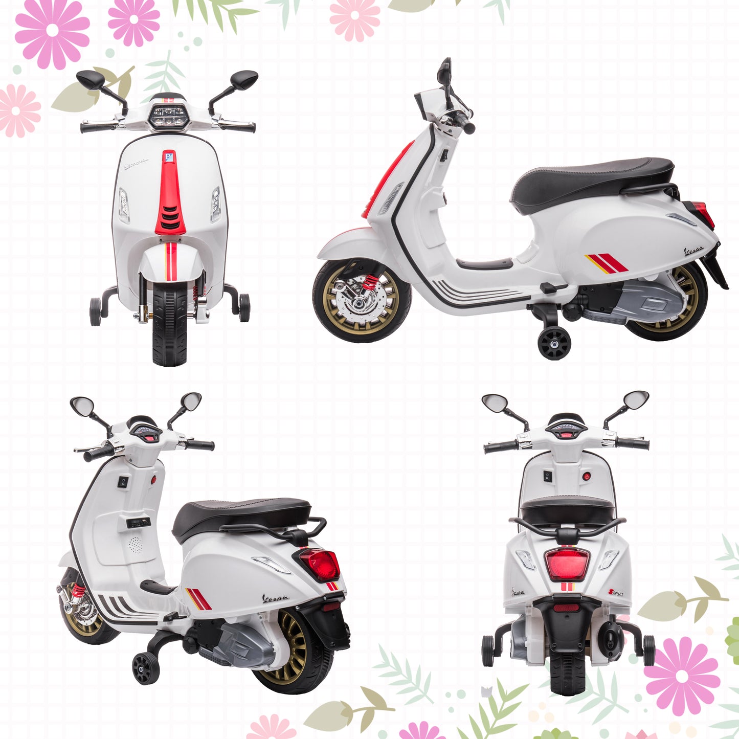 AIYAPLAY 12V Vespa Licensed Kids Electric Motorbike w/ Music, Headlights, FM Radio, for 3-6 Years - White