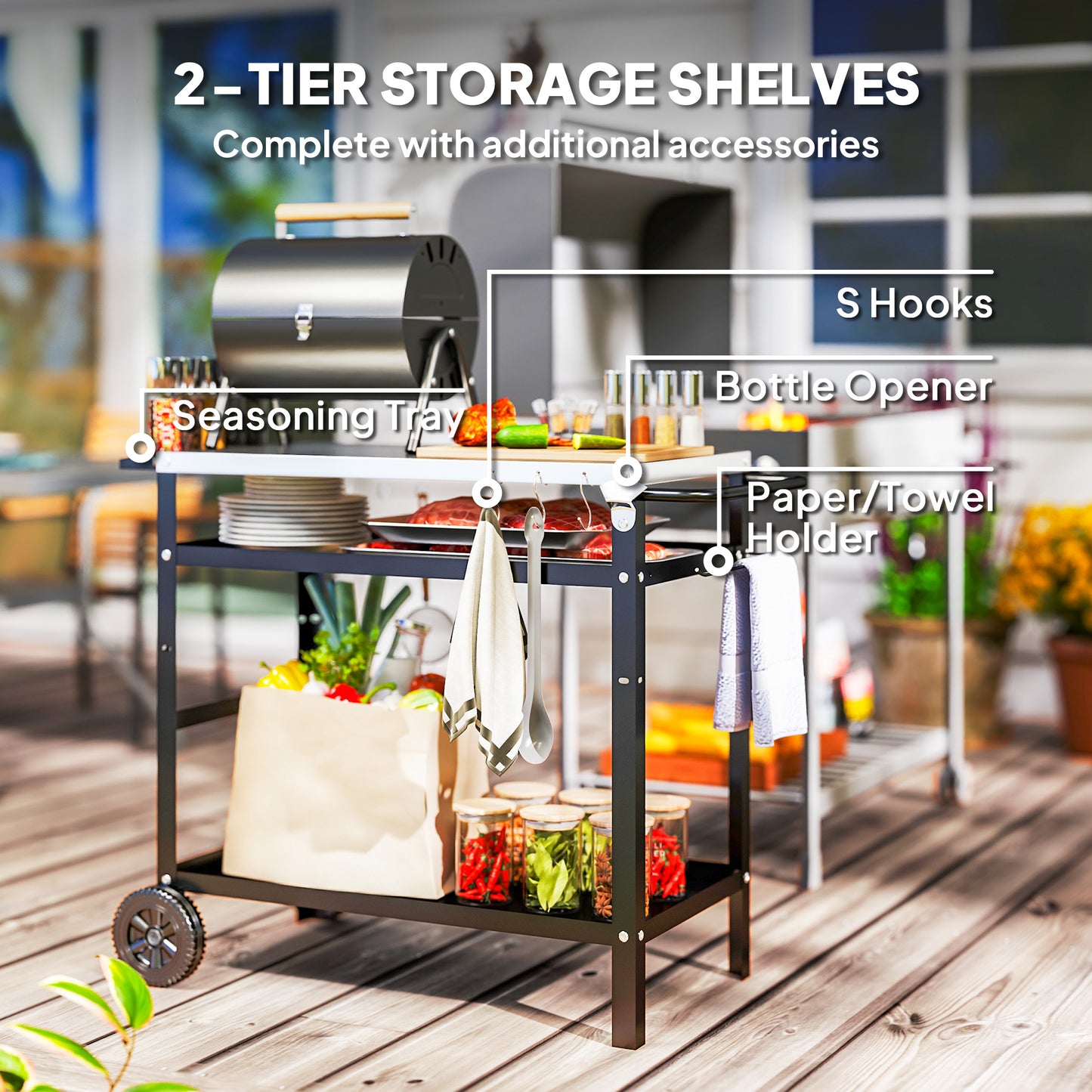 Outsunny BBQ Trolley, Stainless Steel Top, Adjustable Shelf, Hooks, Tray, Towel Rack, Pizza Oven Table, Movable Grill Cart with Cover, Black