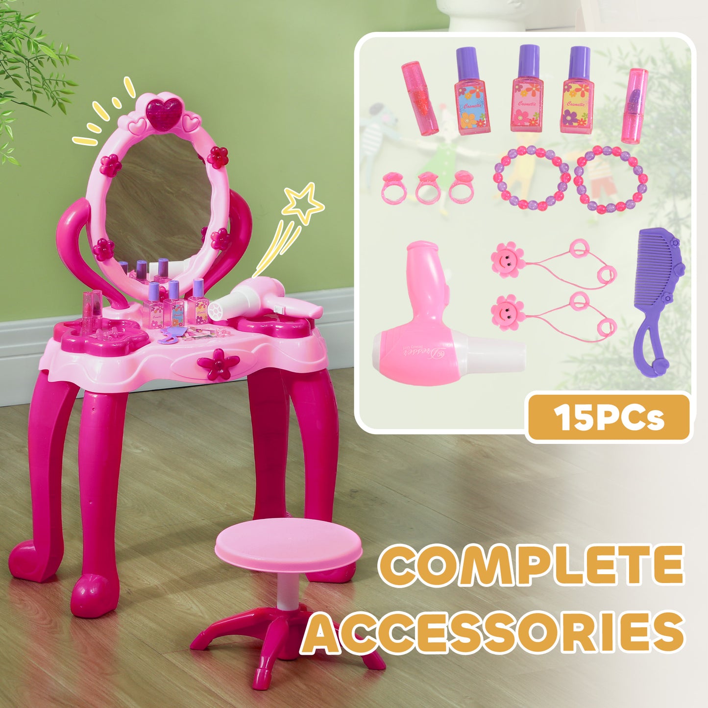 AIYAPLAY Kids Dressing Table with Mirror and Stool, Light, Music, 15 Accessories, for 3-6 Years Old, Pink