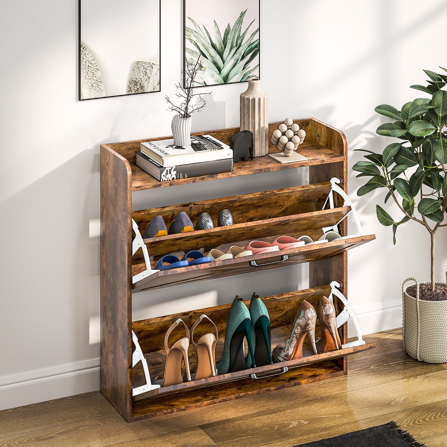 HOMCOM Two Flip Drawer Narrow Shoe Cabinet with Adjustable Shelves - Rustic Brown