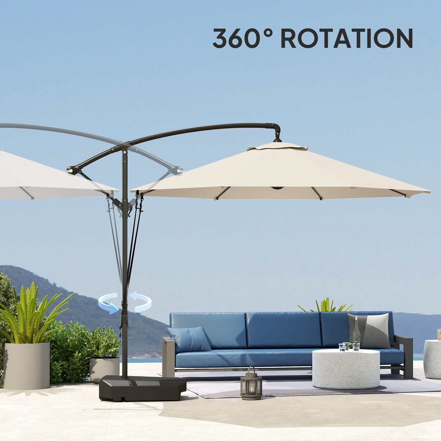Outsunny Garden Cantilever Parasol with Fillable Base, Wind Strap, Cover, Crank Handle, Tilt, UPF50+, Patio Umbrella, Cream