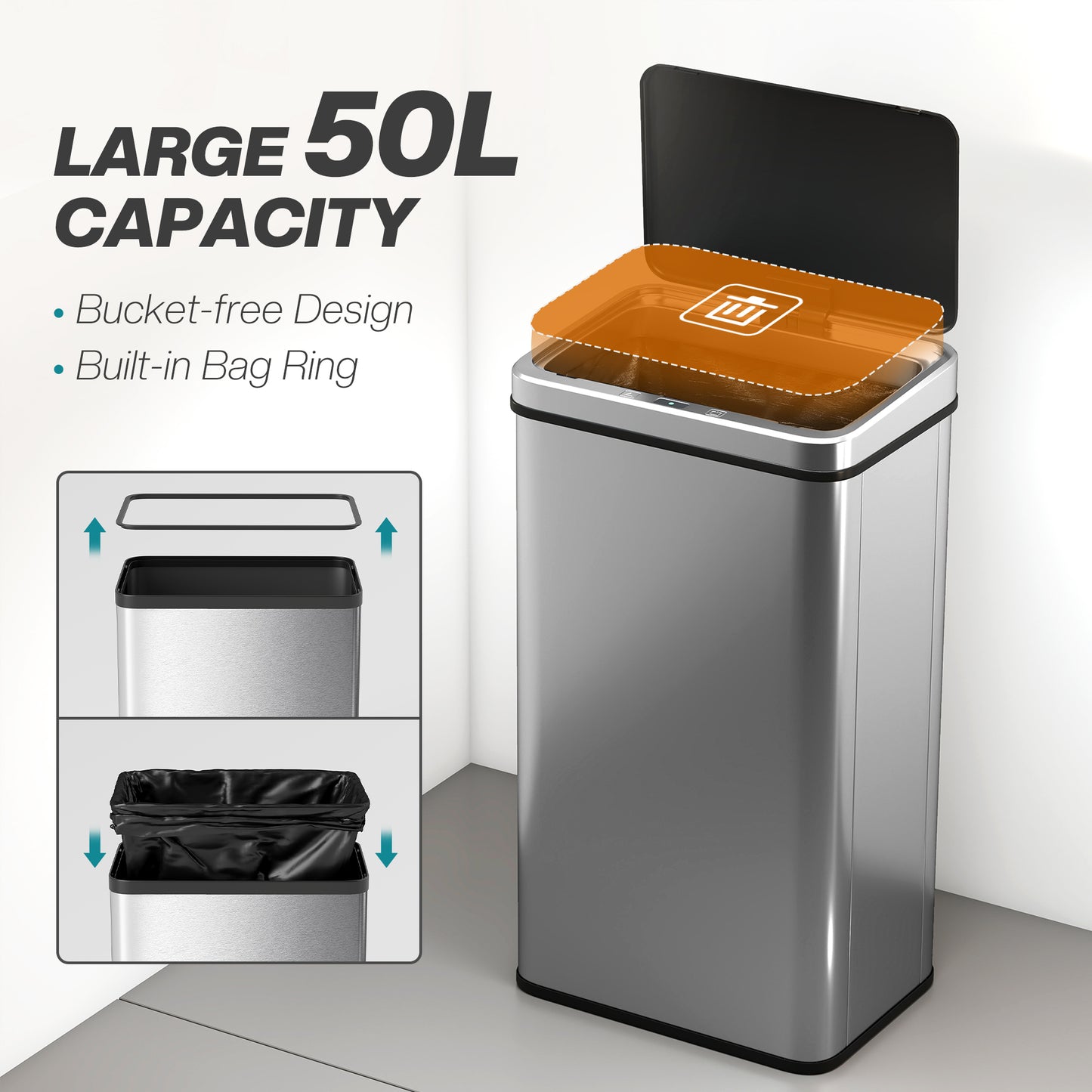 HOMCOM 50L Sensor Bin with Quiet Soft-Close Lid, Automatic Touchless Motion, Fingerprint Resistant Stainless Steel, Silver Tone