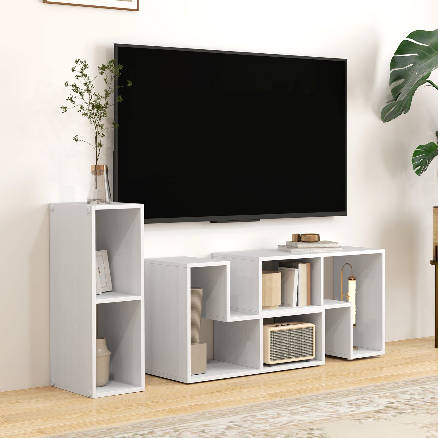 HOMCOM TV Stand for TVs up to 75", Storage Shelves, Extendable Unit, White Wood Grain