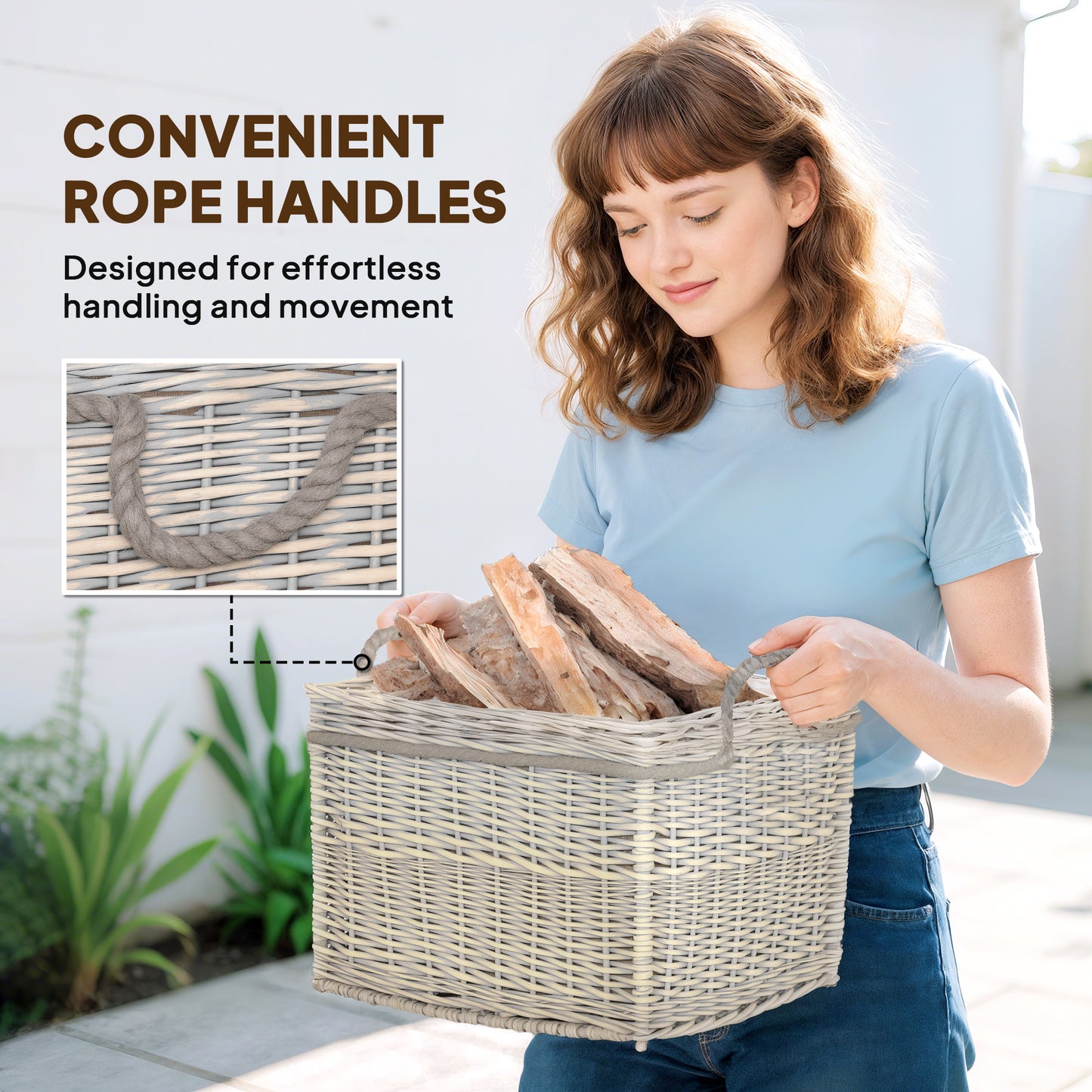 Outsunny Set of 3 Log Baskets for Wood Burner Indoor, Round torage Basket with Lining and Rope Handles for Fireside Storage, Blankets, Beige