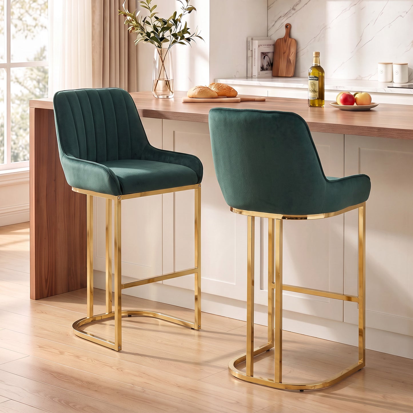 HOMCOM Bar Stools Set of 2 with Backrest, Footrest, Gold Electroplated Legs for Kitchen Island, Dining Room, Dark Green