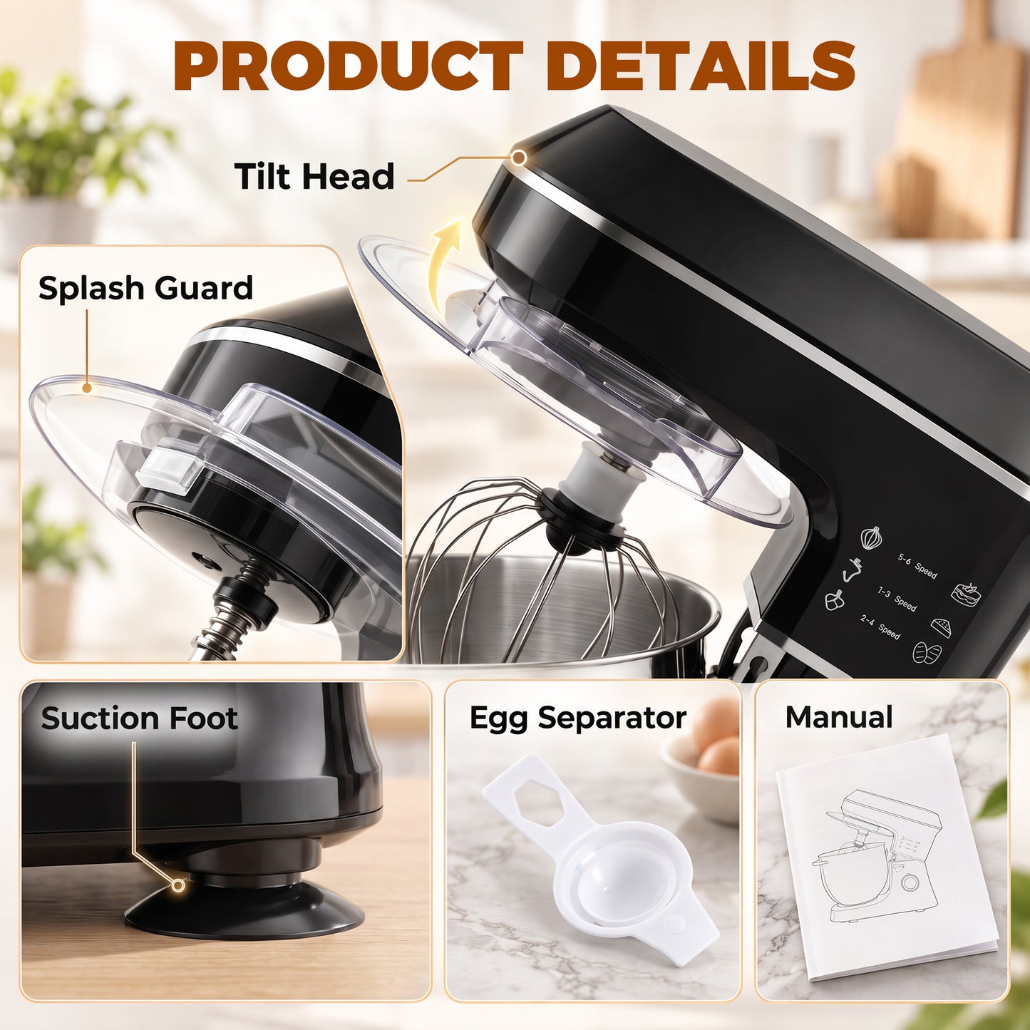 HOMCOM 7 L 1400W 6-Speed Tilt-Head Food Mixer, Stand Mixer with Handle and Dough Hook, Black