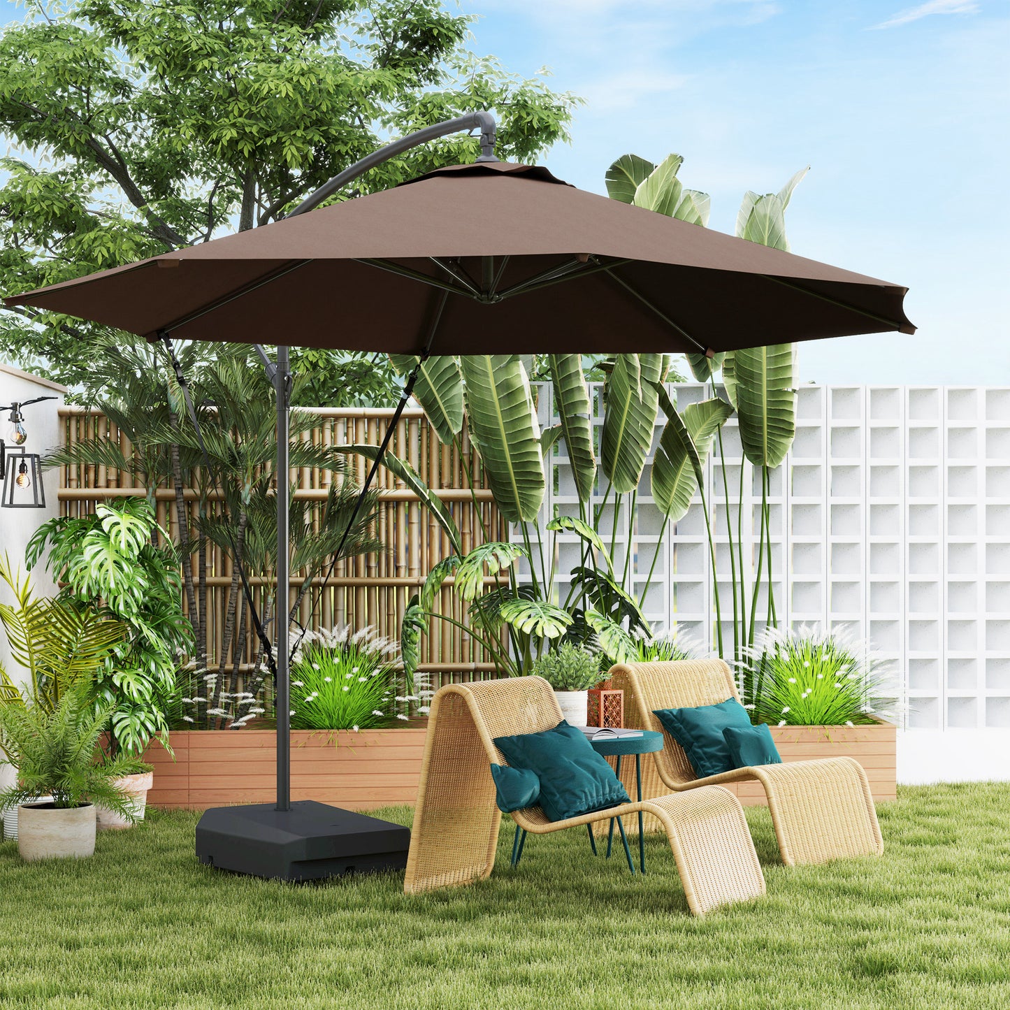 Outsunny Garden Cantilever Parasol with Base, Strap, Cover, Crank Handle, Tilt, UPF50+, Patio Umbrella for Sun Shade, Brown