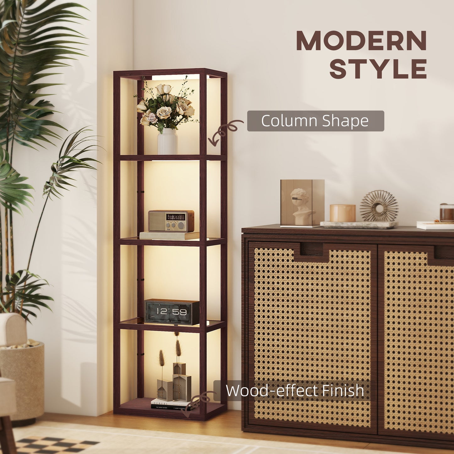 HOMCOM LED Floor Lamp with 4 Glass Shelves, Dimmable Tall Standing Light for Living Room, Bedroom, Office, Dark Brown