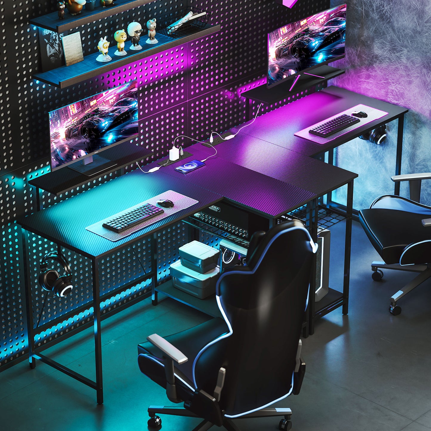 HOMCOM 114.5 cm L-Shaped Gaming Desk, Computer Desk with LED Lights, Power Station and Adjustable Mesh Shelf , Black