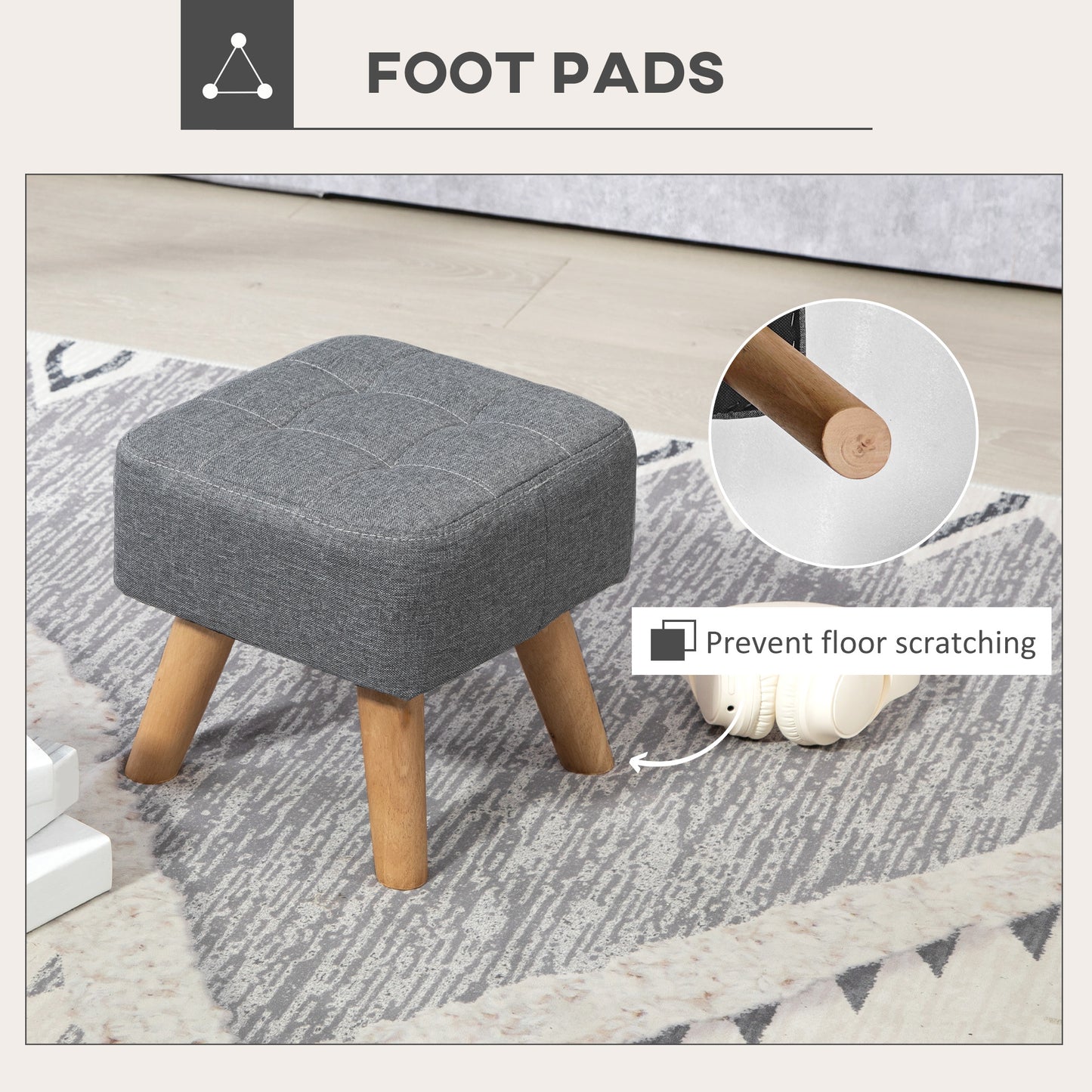 HOMCOM Modern Tufted Footstool, Fabric Foot Stool with Rubber Wood Legs, Padded Seat, for Living Room, Bedroom, Entryway, Grey