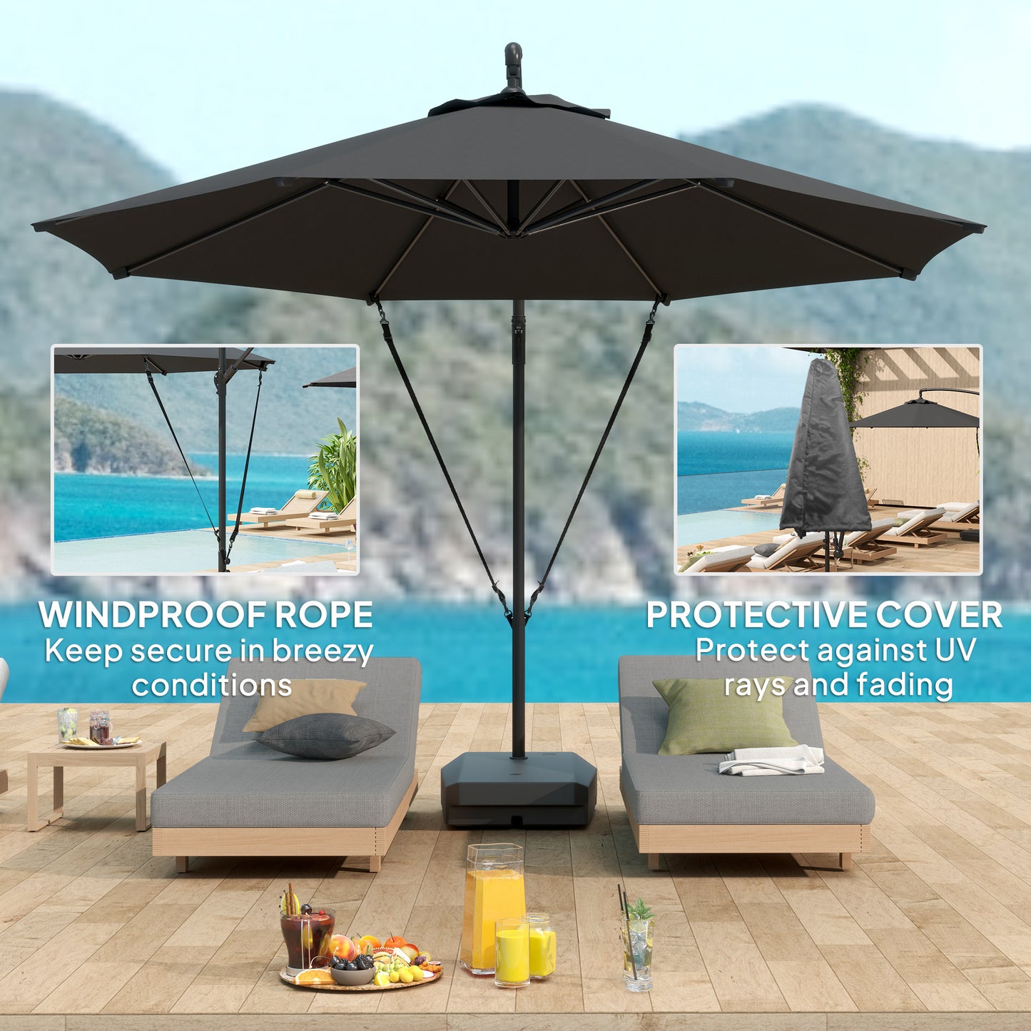 Outsunny Garden Cantilever Parasol with Fillable Base, Wind Strap, Cover, Crank Handle, Tilt, UPF50+ Sun Shade, Grey