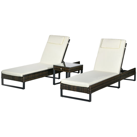 Outsunny Three-Piece Reclining Lounger Set with Glass-Top Table - Cream