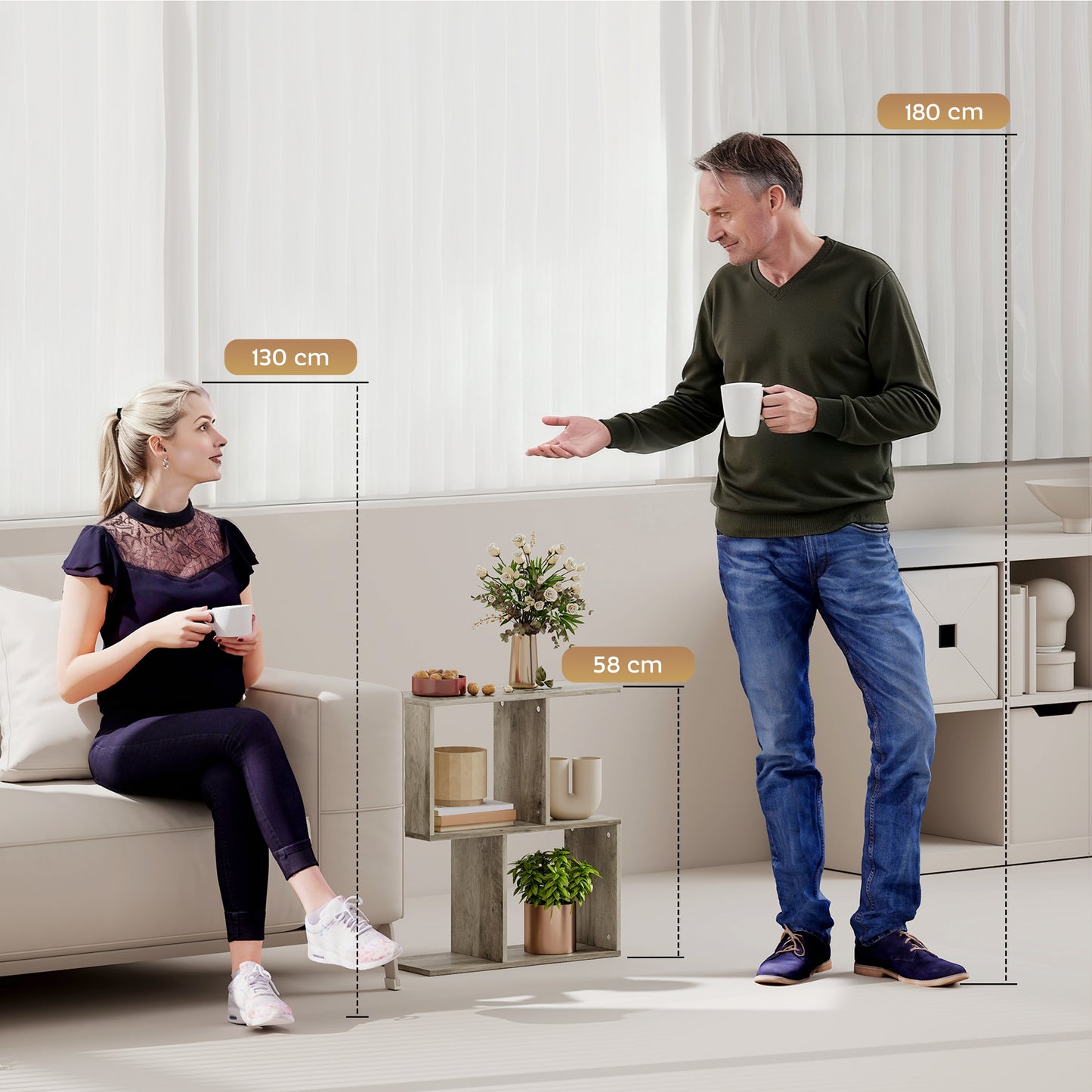 HOMCOM Side Table, Narrow End Table with Storage Shelves, S-Shaped, 3-Tier, 50W x 19.5D x 58H cm, Grey