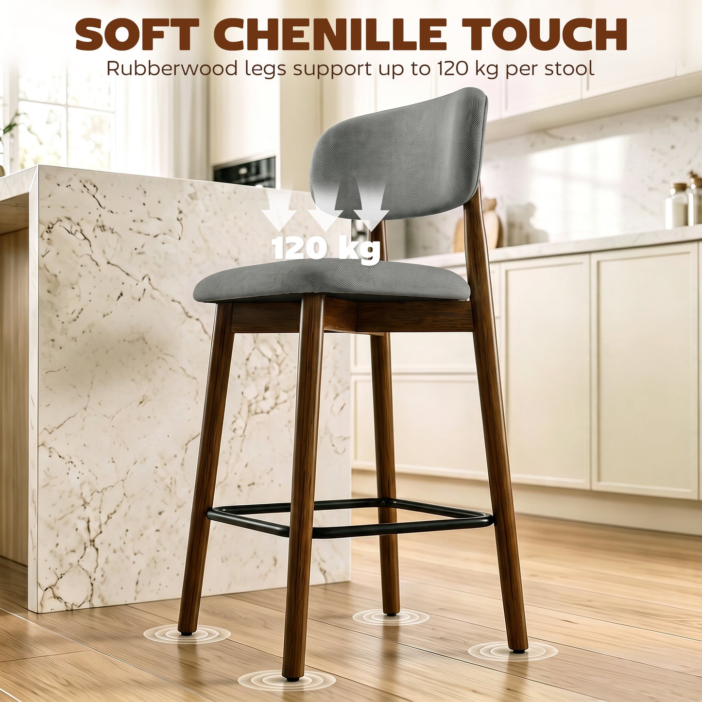 HOMCOM Bar Stools Curved Open Back Padded Seat Footrest Set of 2 for Kitchen Grey
