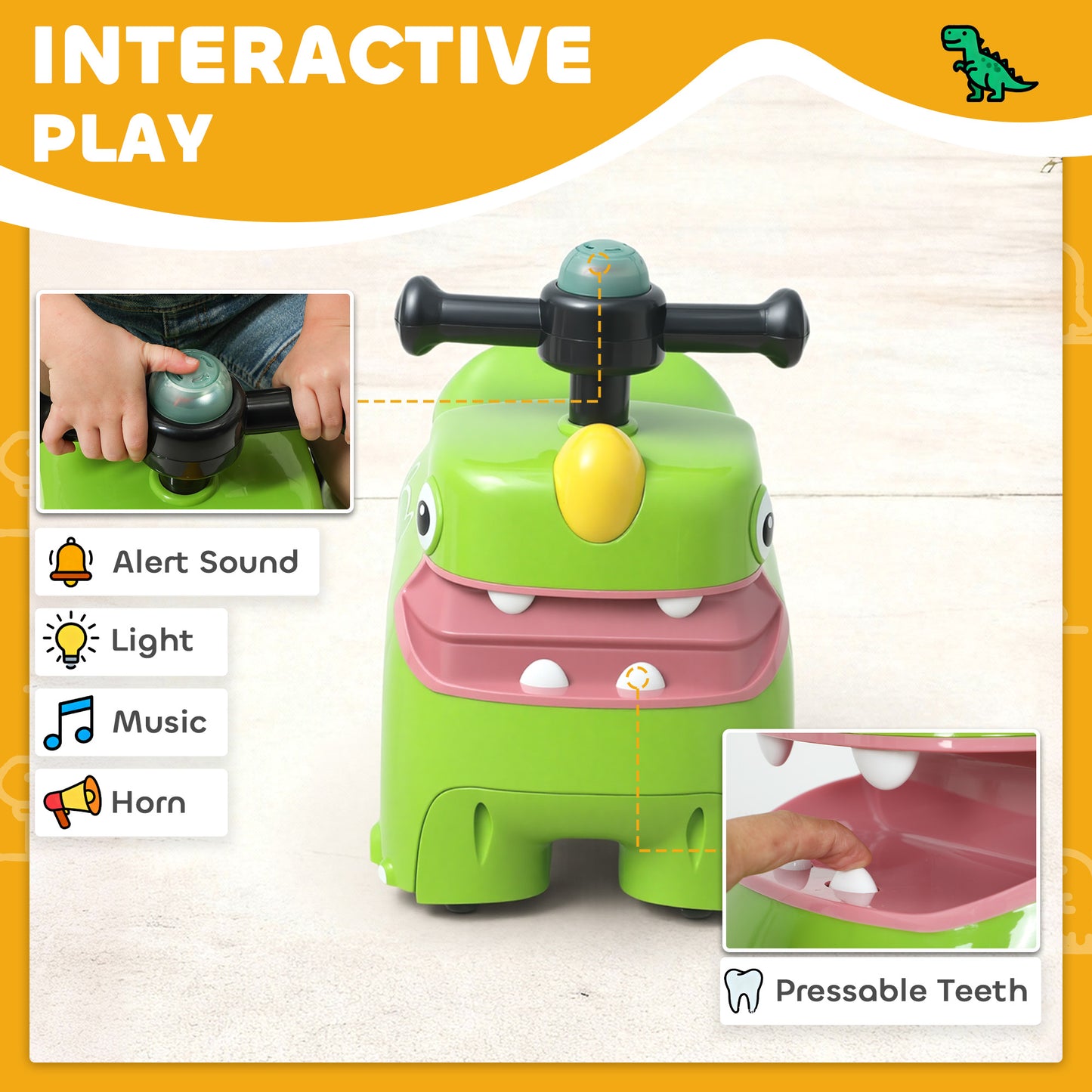 AIYAPLAY Kids Ride On Car, Dinosaur Foot to Floor Slider with Storage, Toddler Walker with Light, Sounds, Green