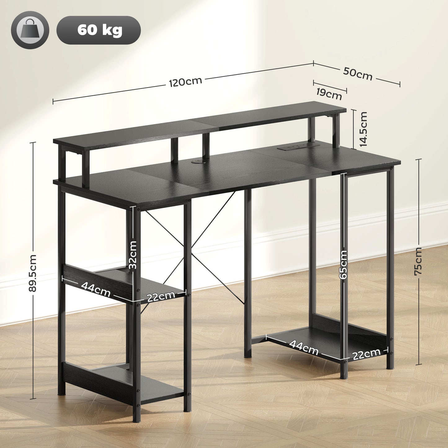 HOMCOM Computer Desk with Power Outlets and LED Lights, 120 x 50cm with Cable Management, Black