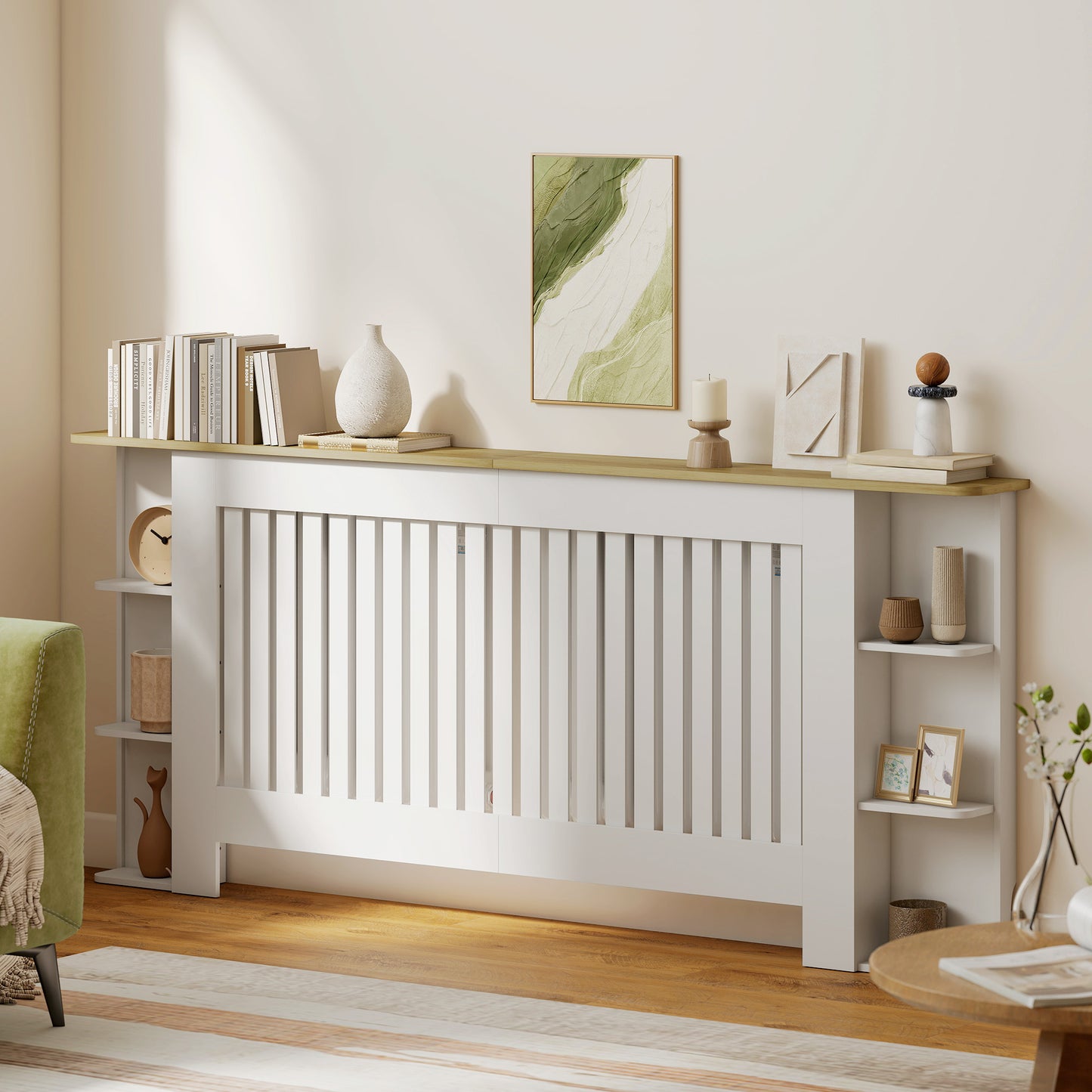 HOMCOM Radiator Cover, Vertical Slatted Cabinet with Open Storage Shelves for Living Room, Extra Large, White