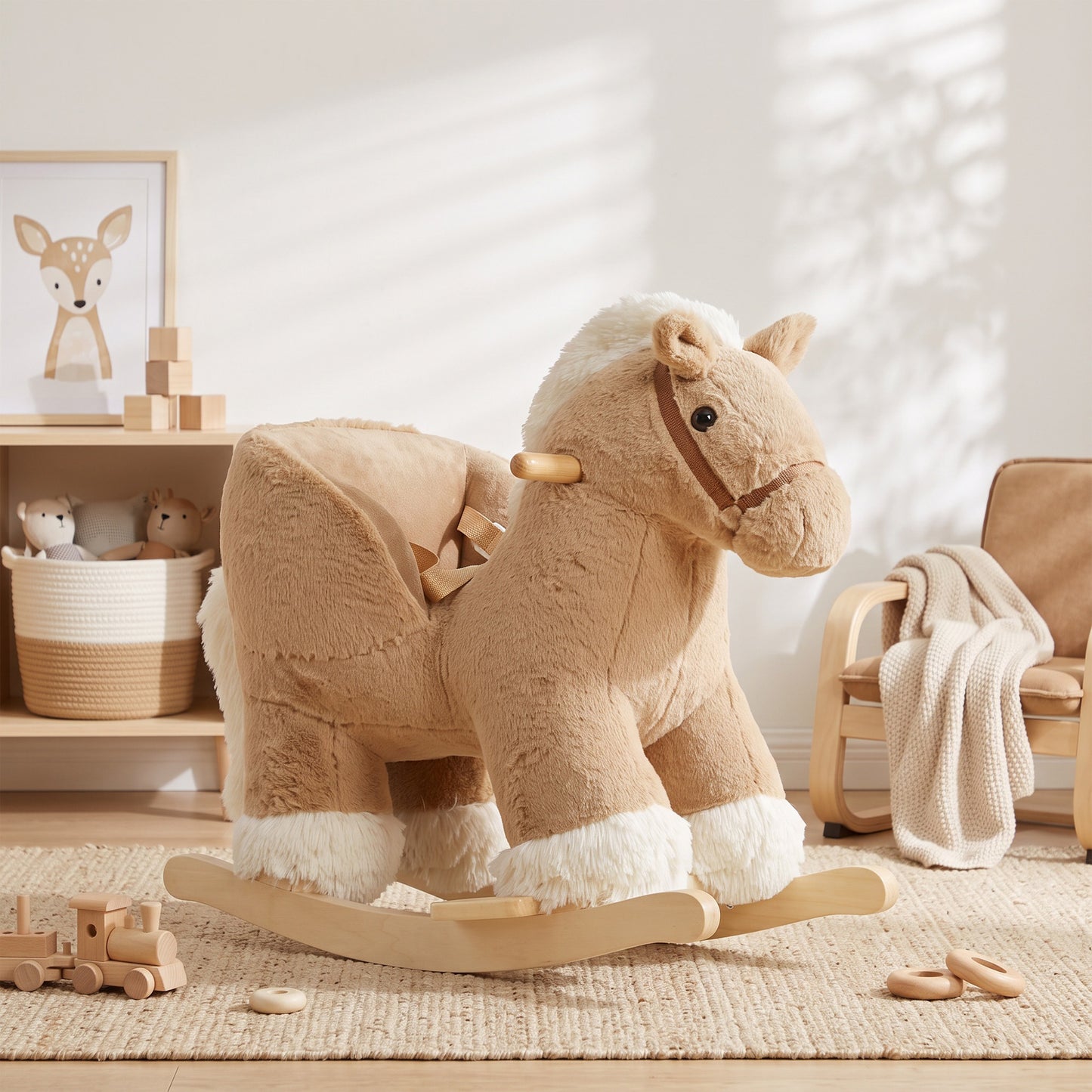 AIYAPLAY Kids Rocking Horse, Children Plush Ride On Animal Rocker w/Sound, Seat Belt, Wood Base Seat for Toddlers 18-36 M, Brown