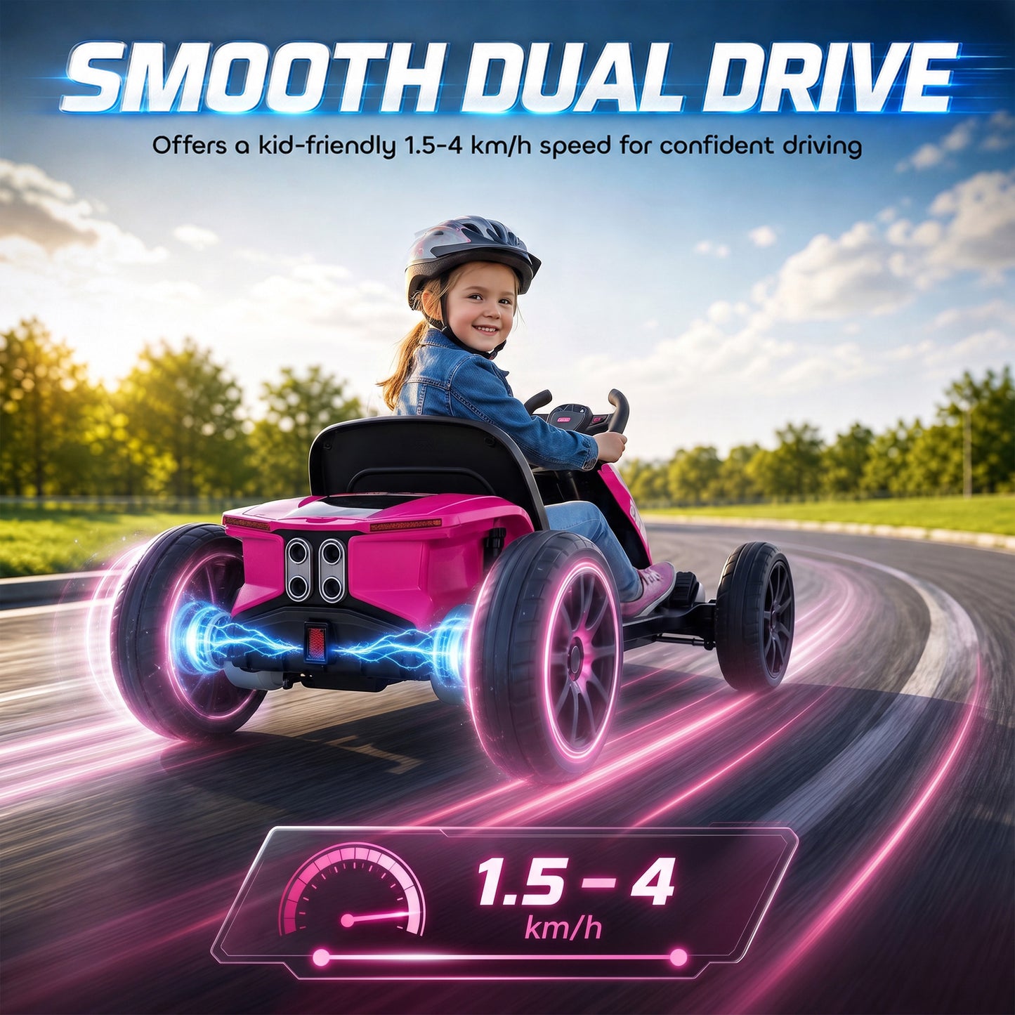 AIYAPLAY 12V Electric Go Kart for Kids with Dual Motors, Adjustable Seat, Soft Start, LED Lights, EVA Wheels, for Age 3-6, Pink