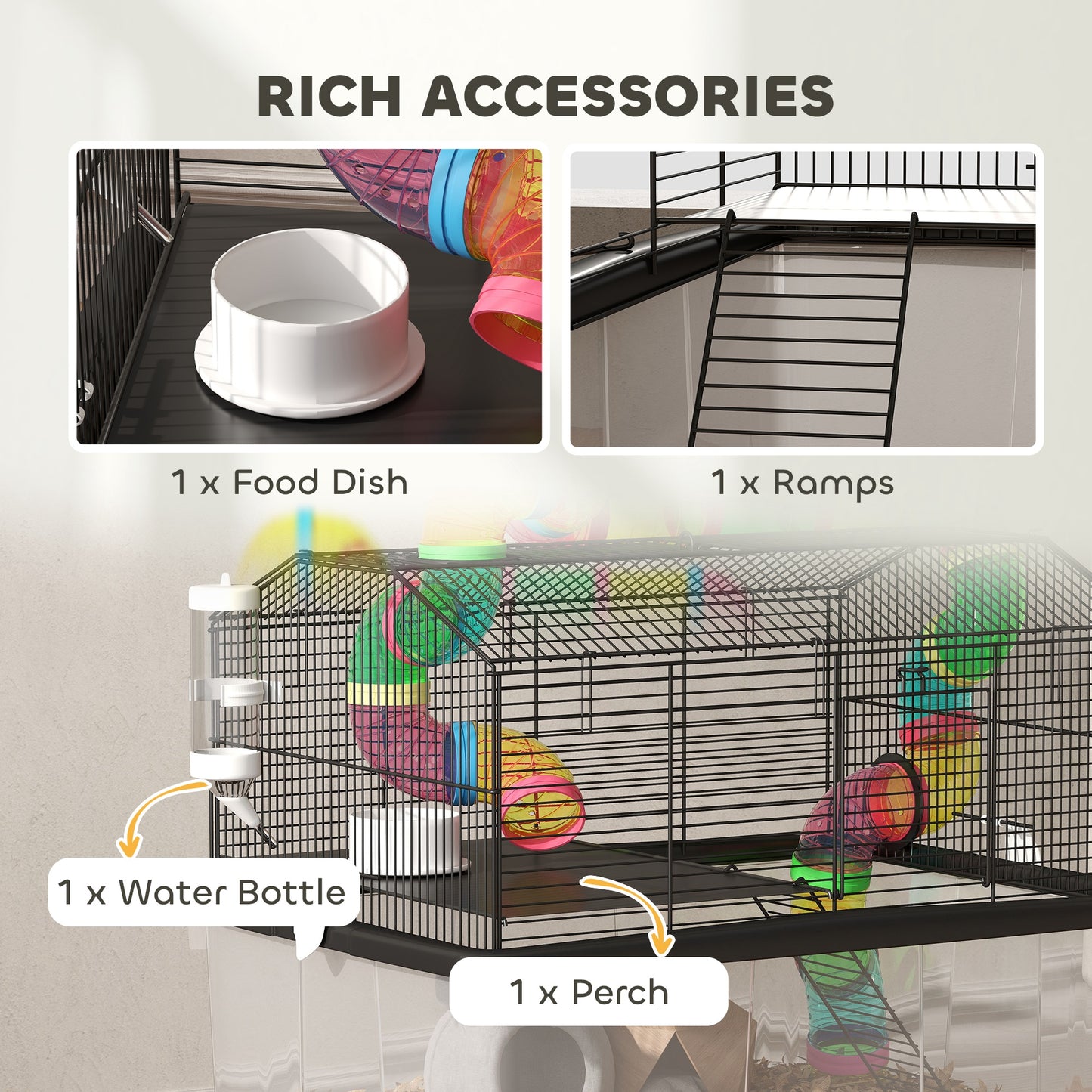 PawHut 2 Tier Hamster Cage with 31cm Deep Tray, Tube System, Water Bottle, Ramp, Feeding Bowl, 58 x 43 x 57cm, Multicolour