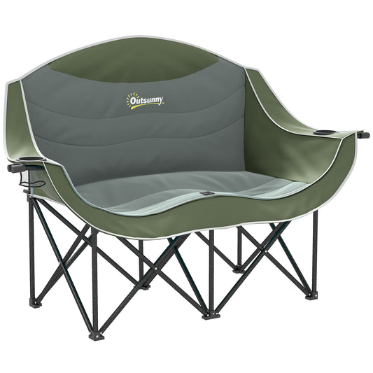 Outsunny Double Camping Chair, Heavy Duty Padded Folding with Armrests, Cup Holders & Carry Bag, 250kg Capacity, Green