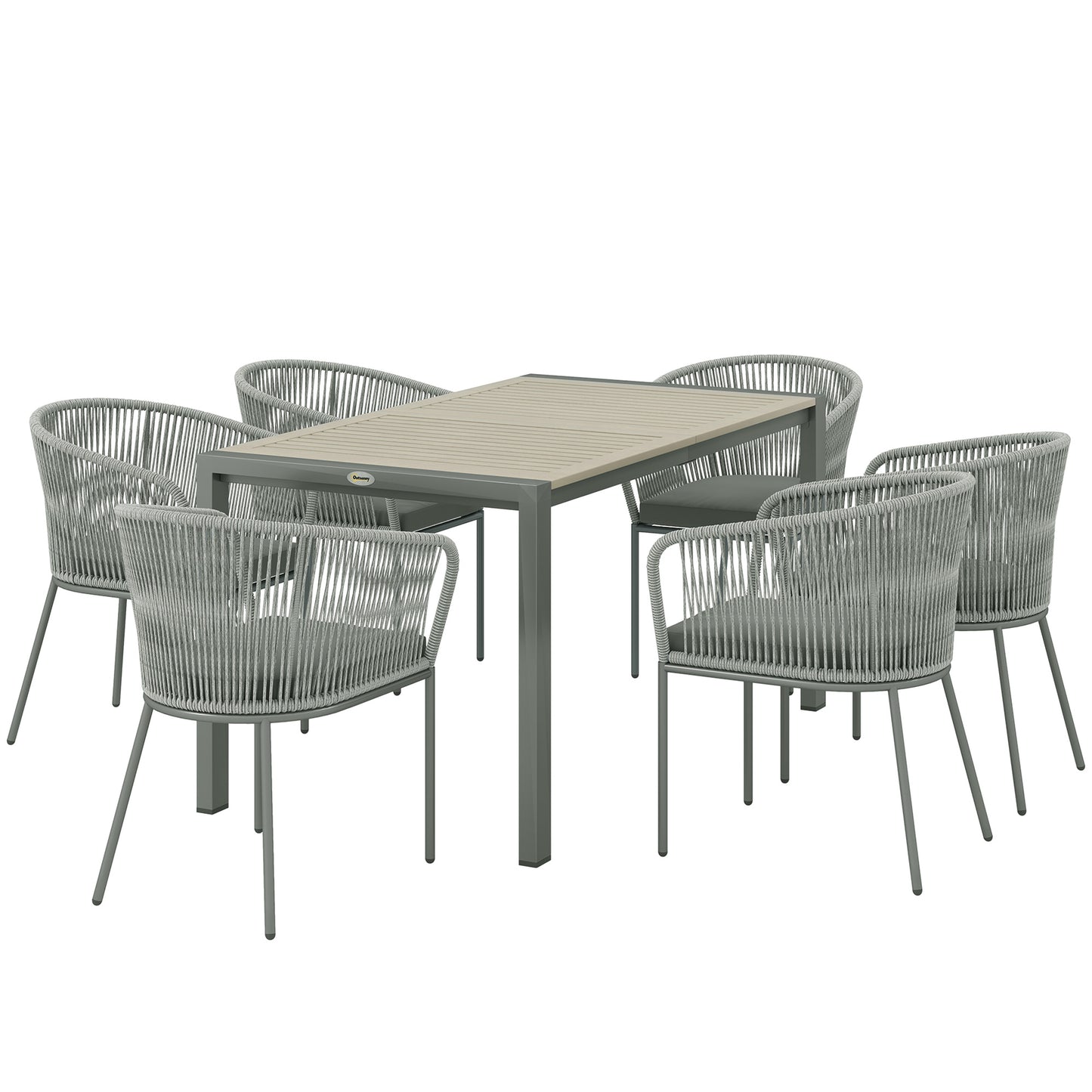 Outsunny Rattan Dining Set, 6 Seater, Wood Top Table, 6 Chairs, Washable Cushions, for Outdoor, Patio, Conservatory, Grey