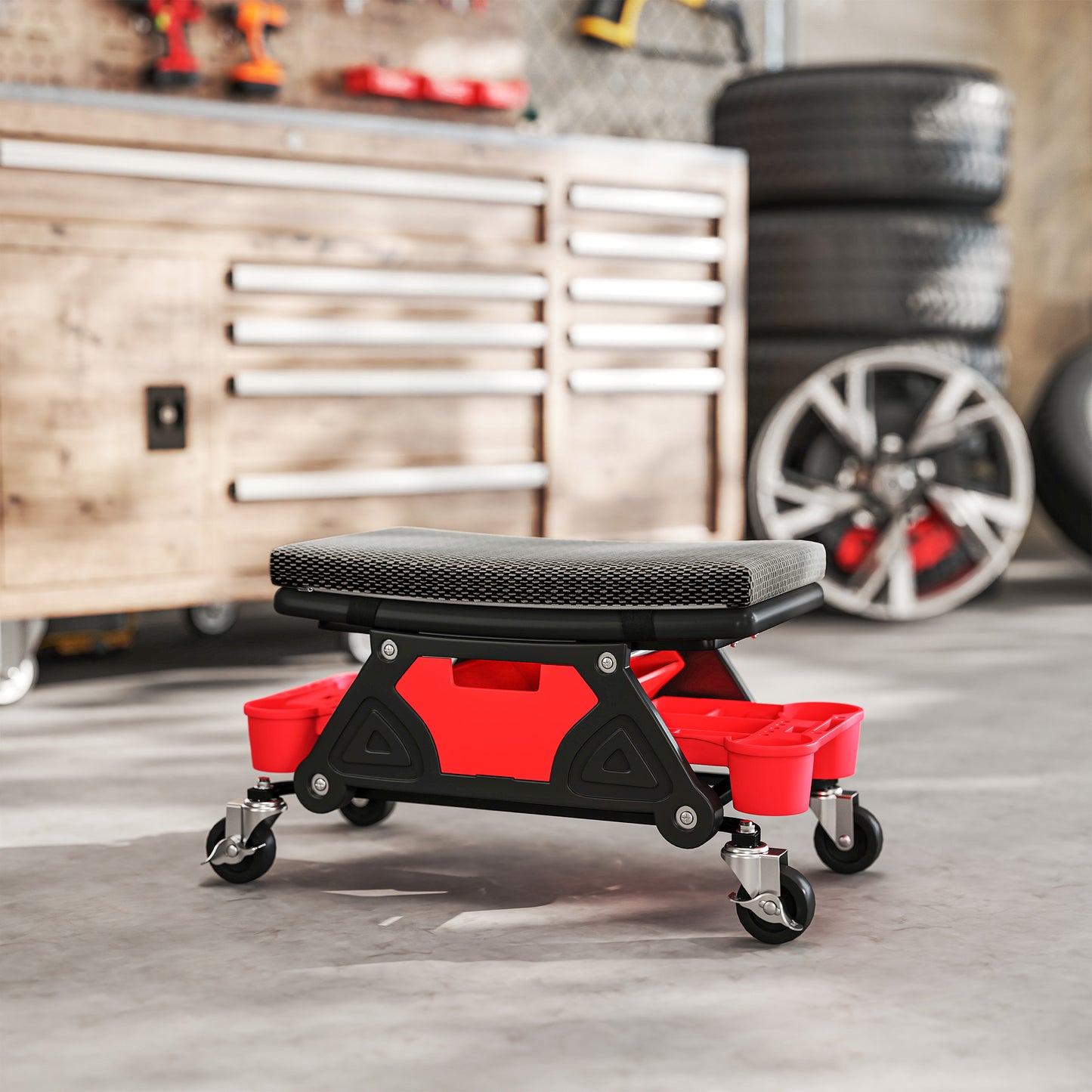 HOMCOM Rolling Mechanic Stool, 135kg Capacity, 360° Swivel, Padded Creeper Seat with Wheels, Tool Trays & Drawer for Garage, Auto Repair, Black