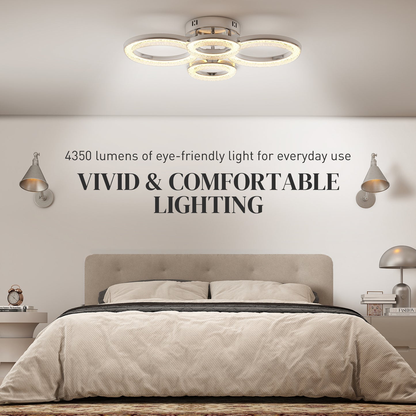 HOMCOM LED Ceiling Light, Modern 4 Rings Lamp, 40W 4350lm Flush Mount with 3500K/4500K/6000K Temps for Living Room, Bedroom, Silver Tone