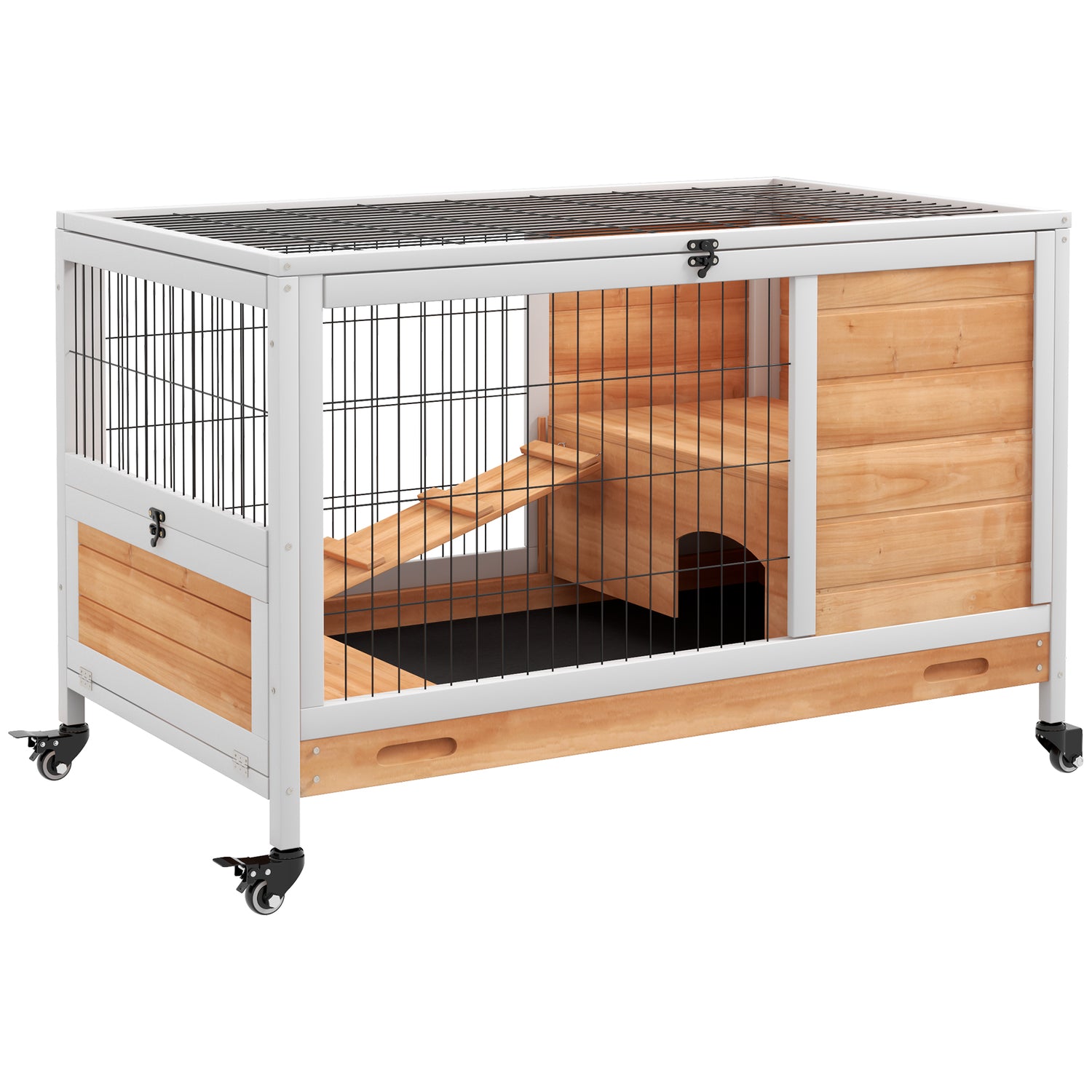 PawHut Wooden Indoor Rabbit Hutch 2 Floor Bunny Cage w Enclosed Run mhstar