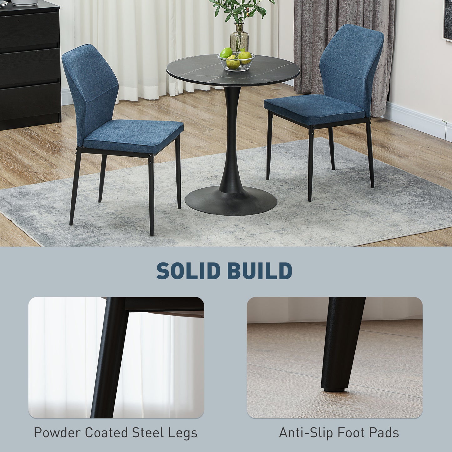 HOMCOM Velvet Dining Chairs Set of 2, Modern Upholstered, Metal Legs, Curved Back, Padded Seat, Armless Side Chairs, Blue