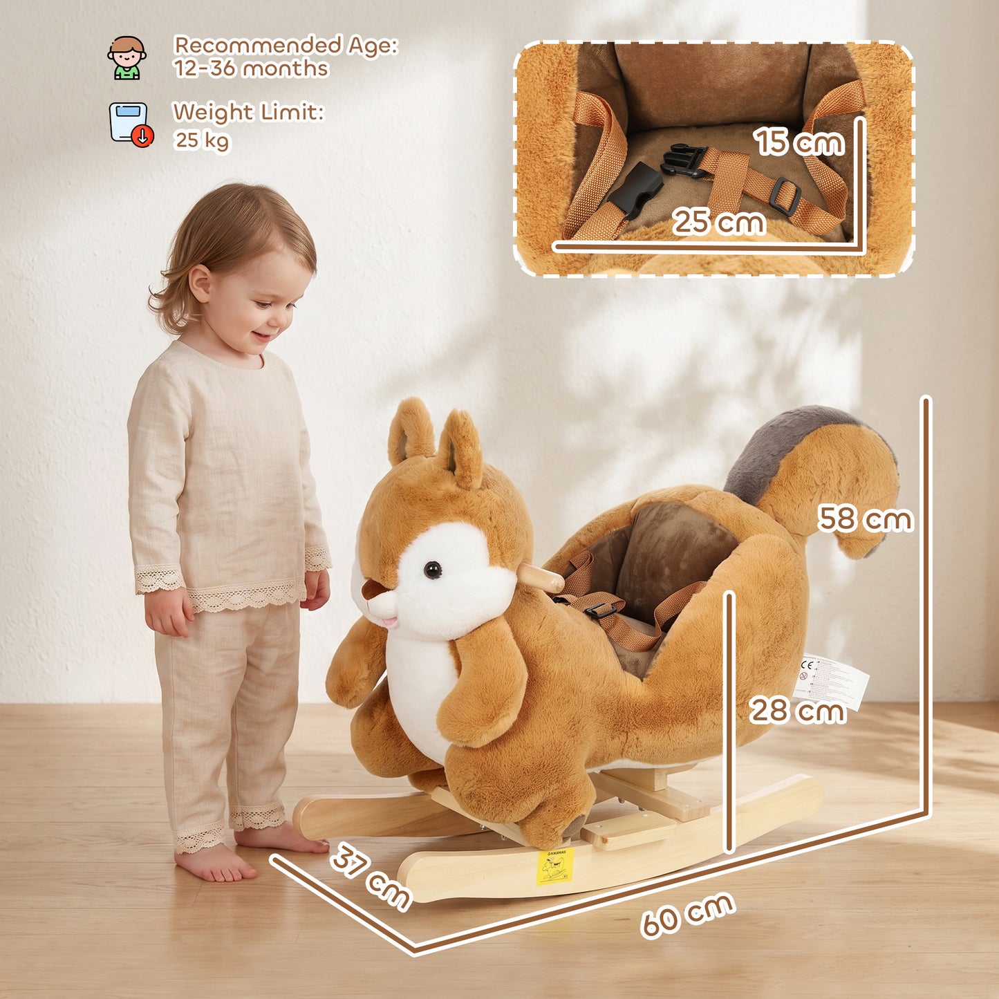 AIYAPLAY Rocking Horse, Stable Plush Ride on Horse Squirrel Design with Animal Sounds, Security Belt for Toddlers 1-3 Y, Brown
