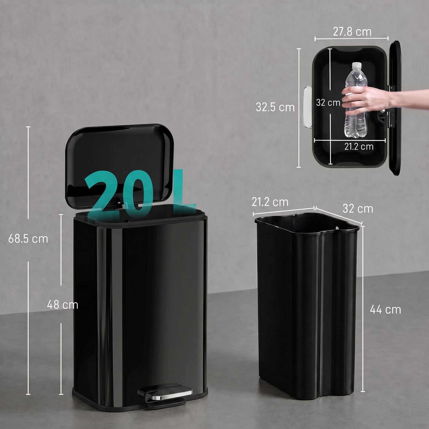 HOMCOM 20 L Kitchen Pedal Bin, Metal Rubbish Bin with Removable Inner Bucket, Soft-Close & Stay-Open Lid, High Gloss Black