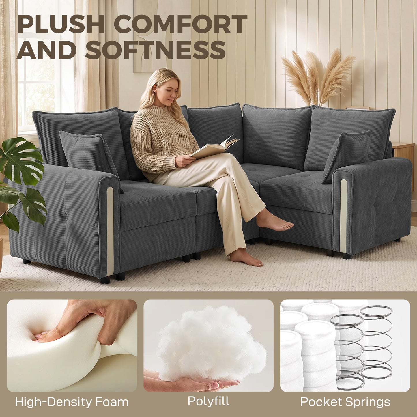 HOMCOM 228cm L Shaped Sofa with Lift-Up Storage, 3-Seater Sectional Sofa with Wide Deep Seat, Dark Grey