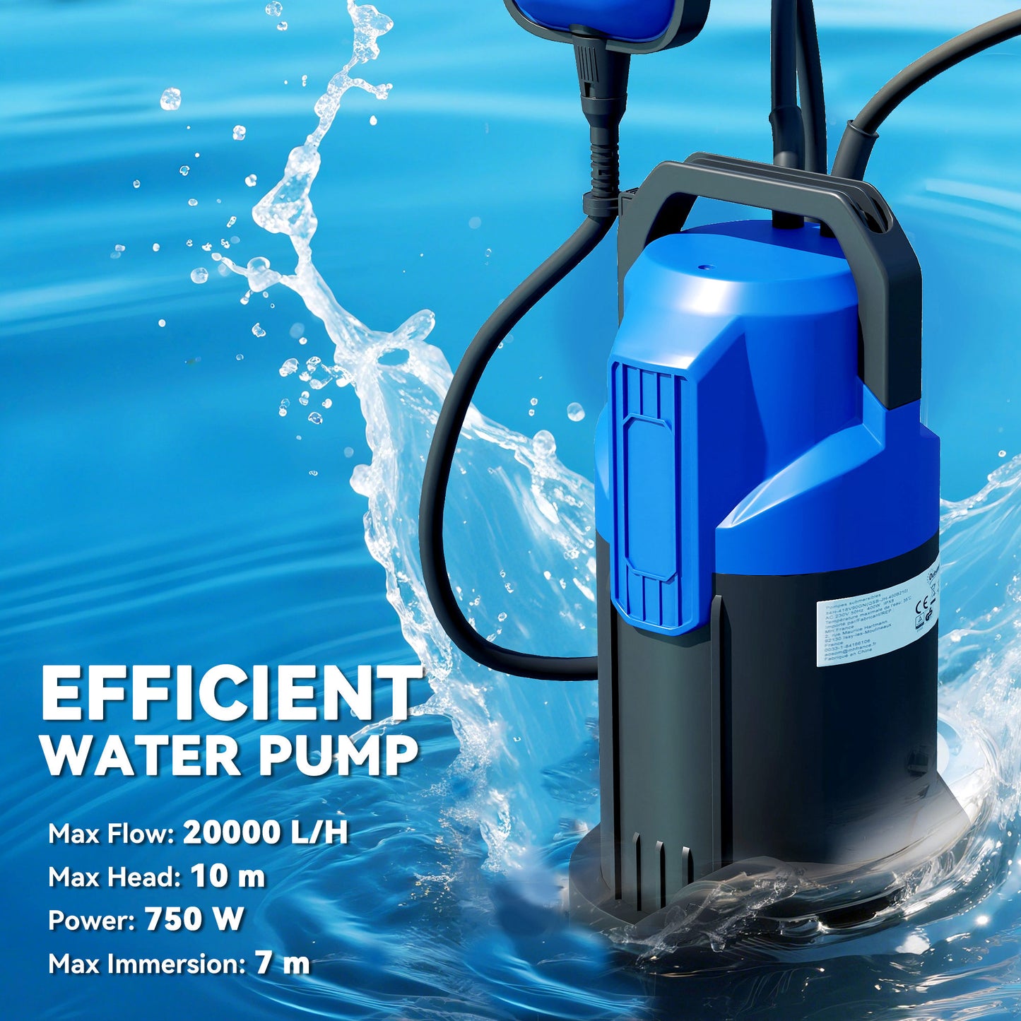 Outsunny 750W Submersible Water Pump, 20000L/H Electric Sump Pump with Float Switch for Dirty/Clean Water, Portable and Lightweight, Blue