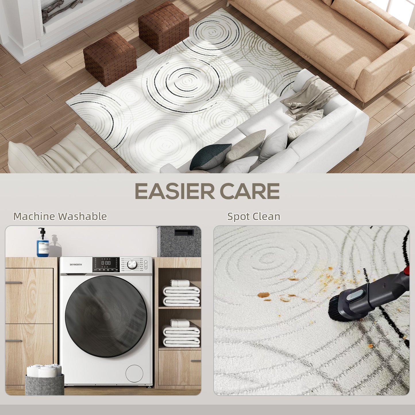 HOMCOM Area Rug, Swirl Pattern, Machine Washable, Allergy-Friendly Carpet for Living, Bedroom, Dining, Office, 170 x 120 cm, Cream White