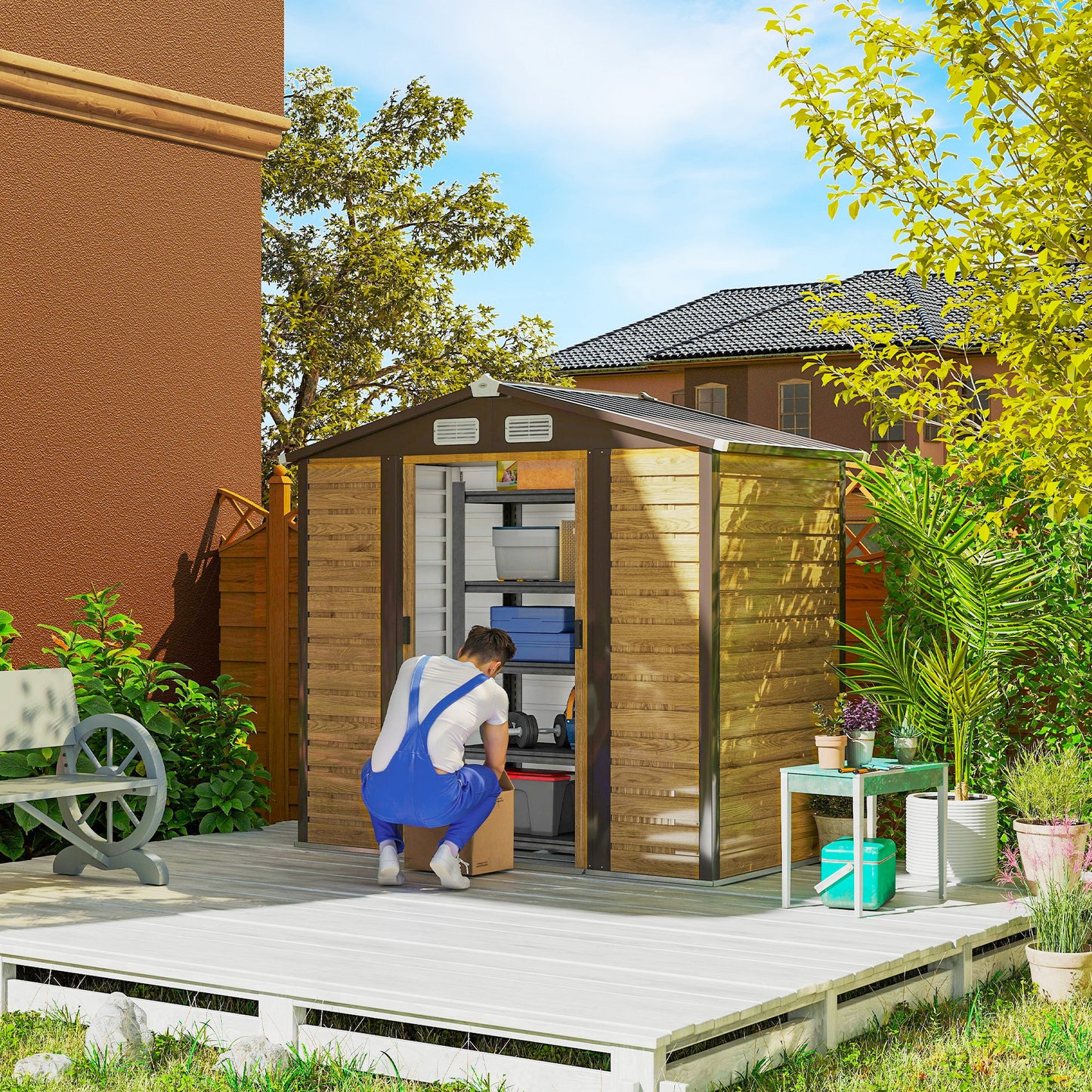Outsunny 7 x 4ft Garden Shed, Galvanised Steel Frame, Foundation Kit, Double Doors with Lock, Vents and Gloves, Garden Storage, Natural