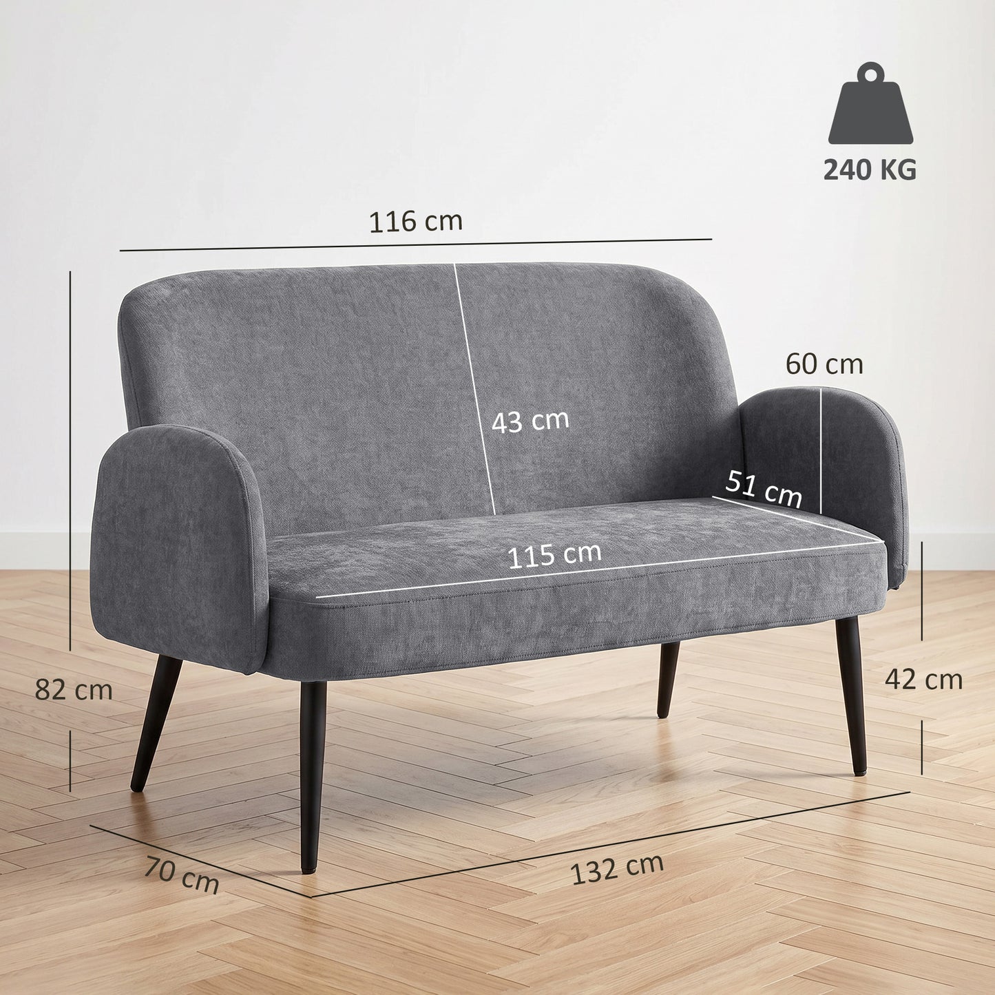 HOMCOM 132cm 2 Seater Sofa, Velvet Comfy Small Sofa Couch with Wide Seat, Thick Padding, Tapered Metal Legs, Light Grey