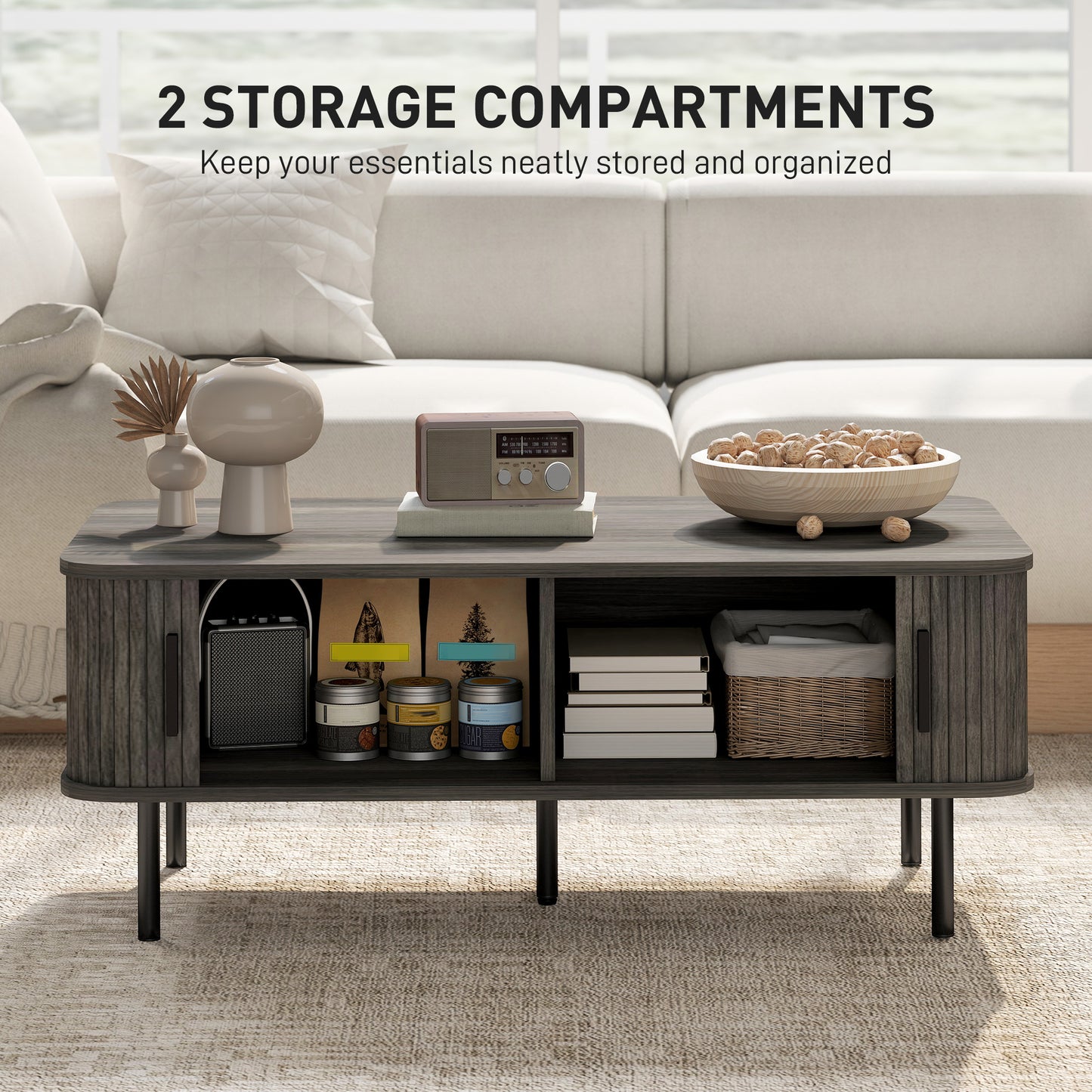 HOMCOM Coffee Table, Storage & Slatted Tambour Sliding Doors, Rectangular with Elevated Base & Foot Pads, Living Room, Grey Wood-Effect