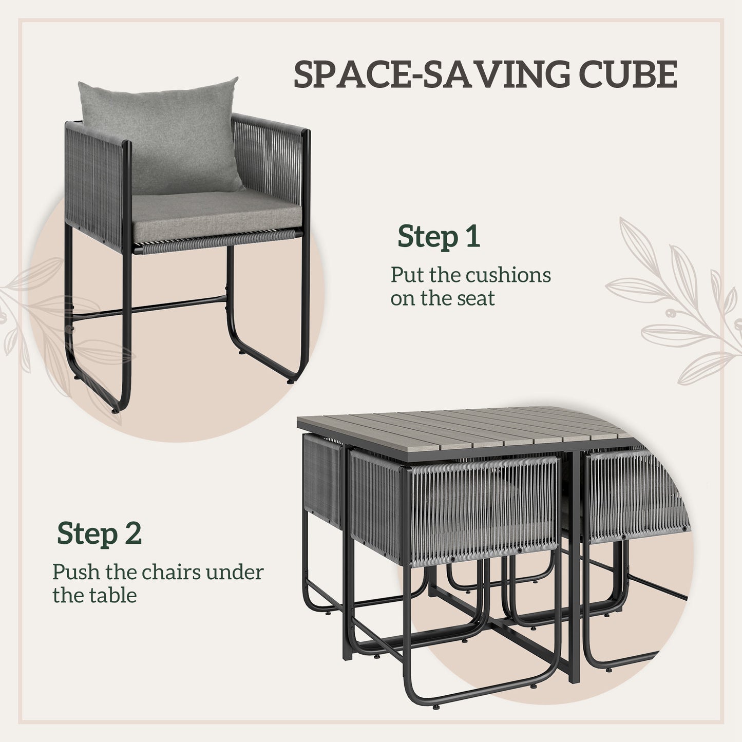 Outsunny 4 Seater Rattan Cube Dining Set with Cushions, Outdoor Table and Chairs, Wood Grain Top for Patio, Balcony, Grey