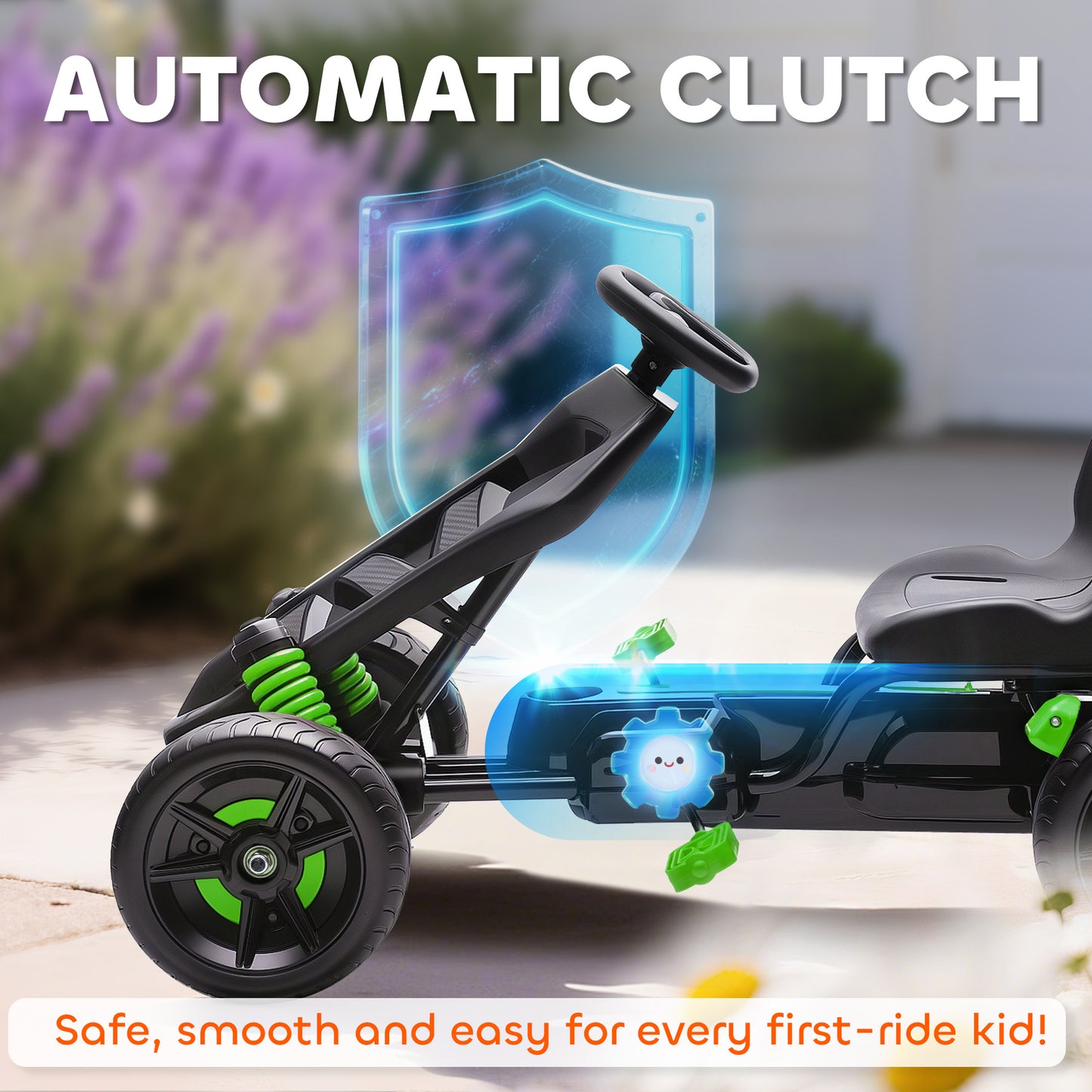 AIYAPLAY Pedal Go kart for Kids Ages 3-6 Years, with Automatic Clutch, Brake, EVA Anti-Slip Wheels, Green