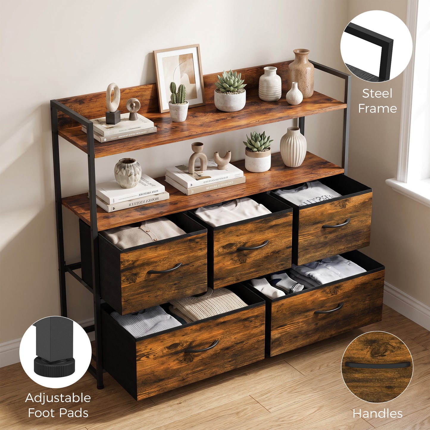 HOMCOM Chest of Drawers, Bedroom Fabric Dresser with 5 Drawers, Storage Organiser Unit with Open Shelves, Rustic Brown