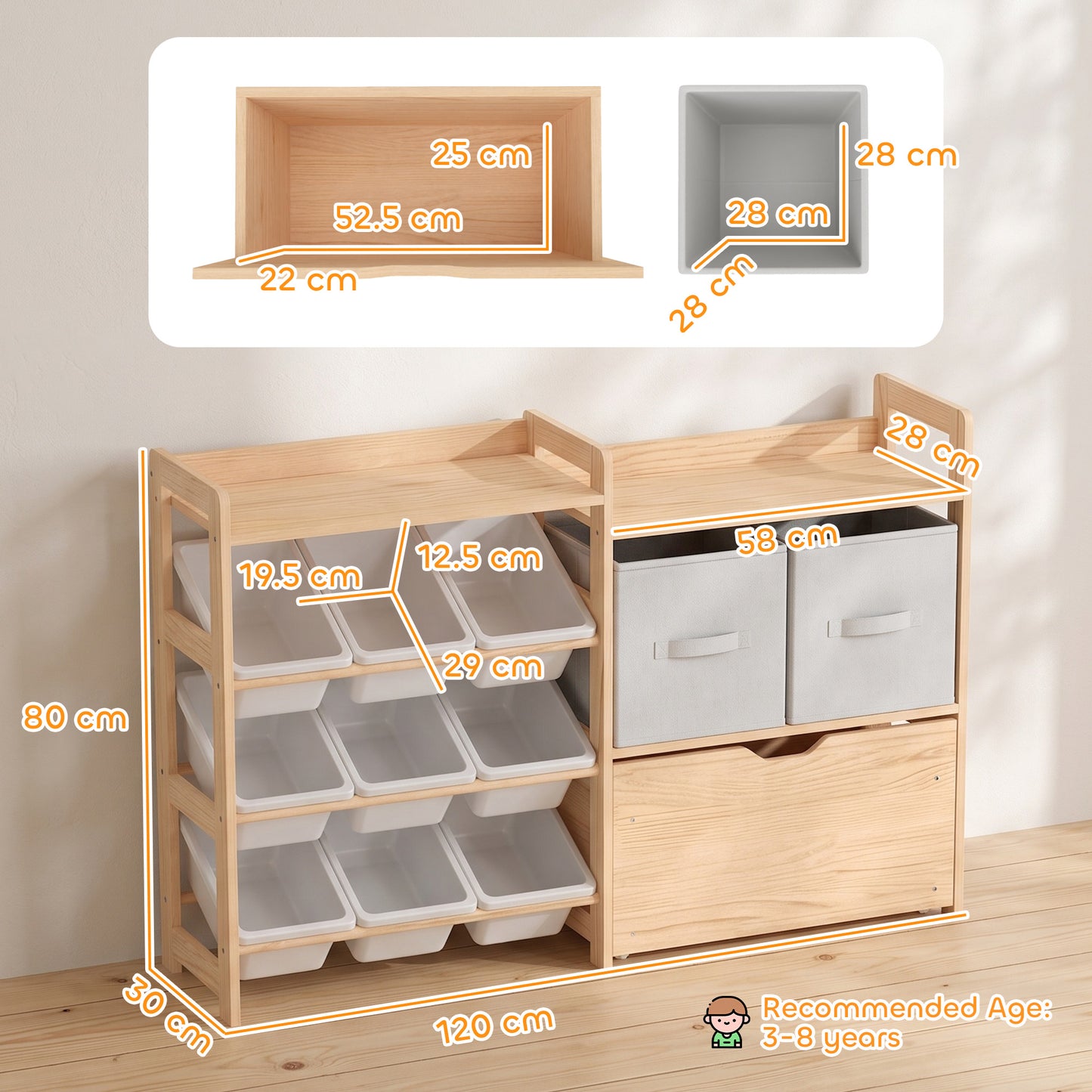 AIYAPLAY Wooden Toy Storage Unit with Rolling Toy Chest, 2 Fabric Drawers, 2 Shelves and 9 Bins for Bedroom, Playroom, Nursery