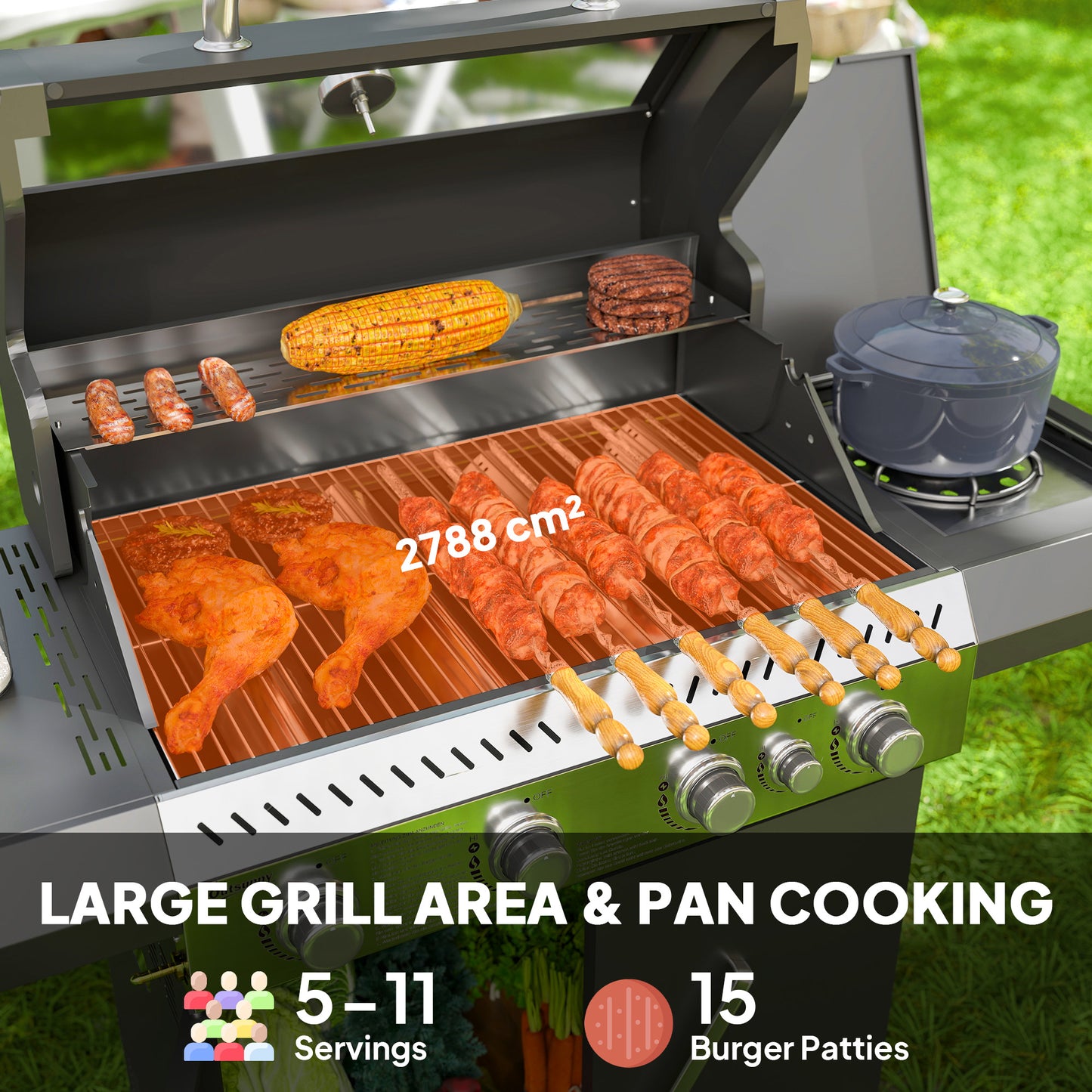 Outsunny 4+1 Burner Gas BBQ Grill, Clear View Lid, Thermometer, Side Table, Cabinet, Wheels, Grease Tray, Garden Outdoor Cooking, Black