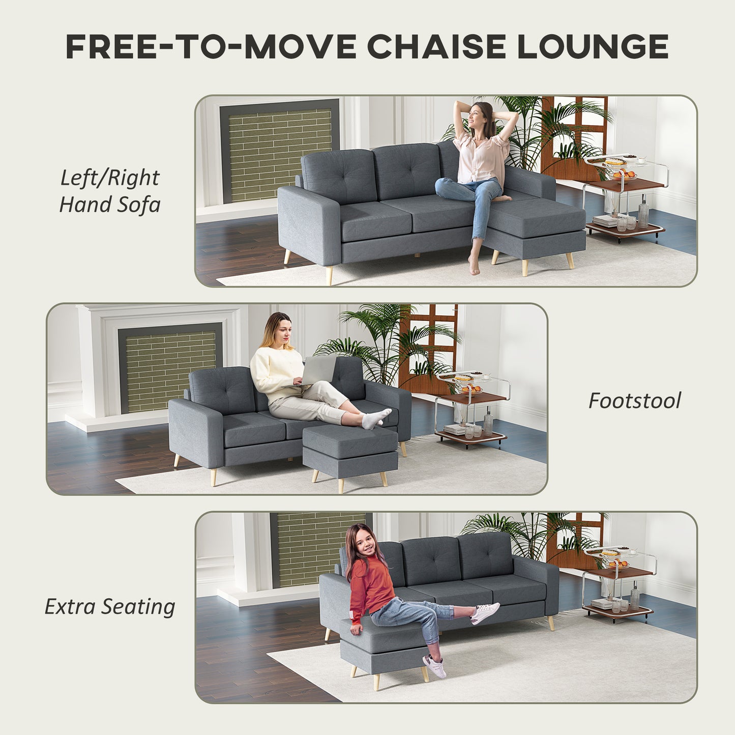 HOMCOM 3 Seater Fabric L-Shaped Sofa with Footstool, Sectional Couch, Wood Legs, Tufted Back for Small Spaces, Living Room/Office, Dark Grey